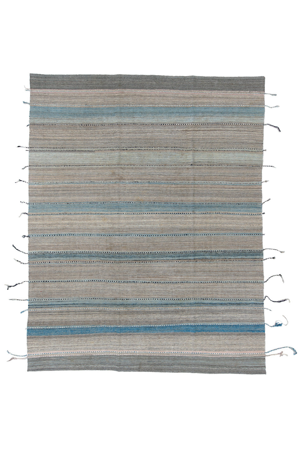 9' x 11' one-of-a-kind handmade vintage Kilim large size rug. Color palette: black, blue, charcoal, dark gray, dim gray