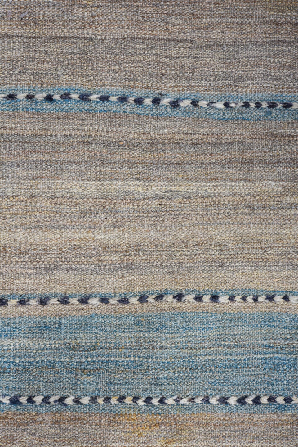 9' x 11' one-of-a-kind handmade vintage Kilim large size rug. Color palette: taupe, gray, sky blue, charcoal, ivory, beige