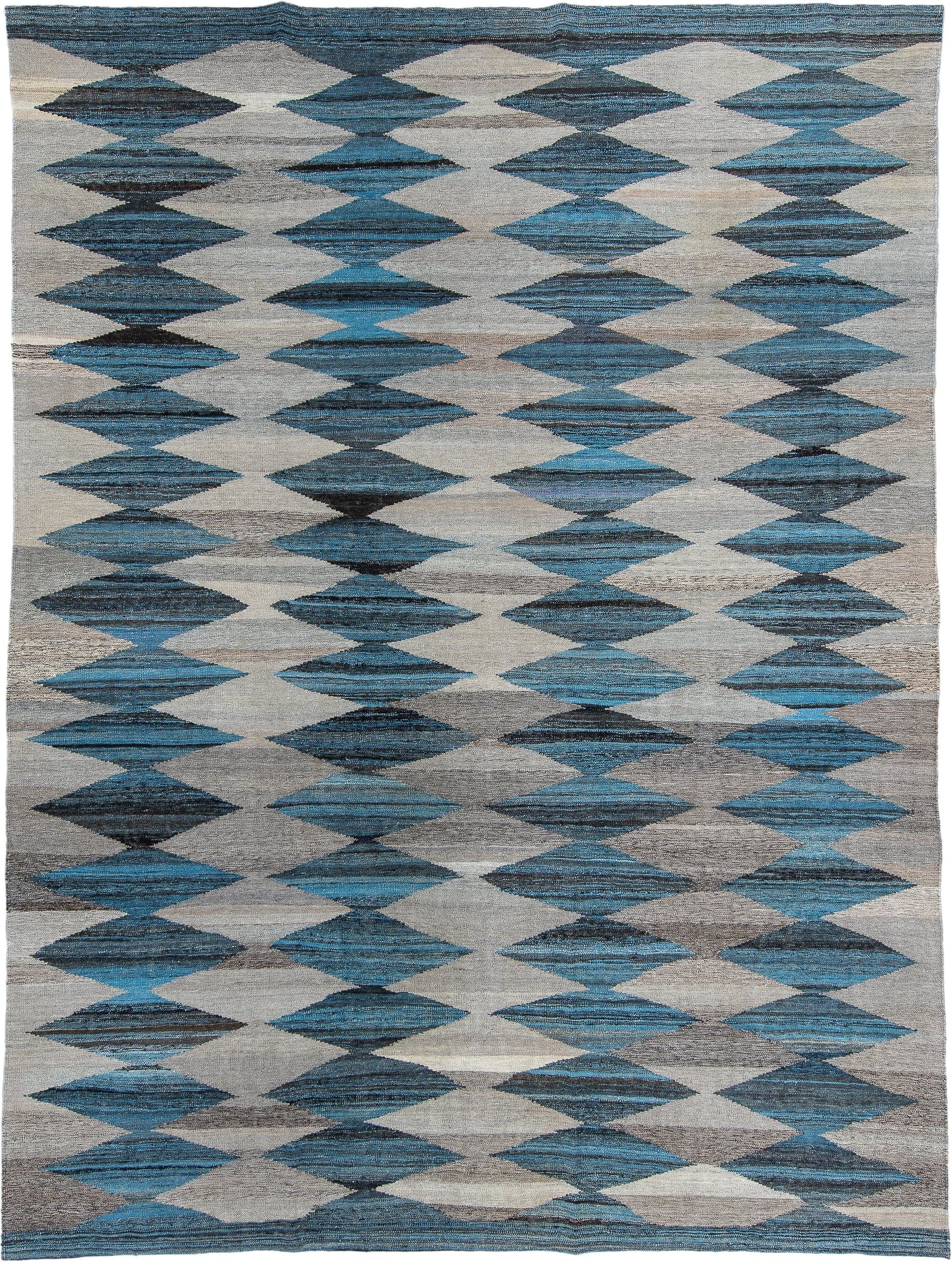 9' x 11' one-of-a-kind handmade vintage Kilim large size rug. Color palette: ivory, turquoise, slate, charcoal, taupe, teal
