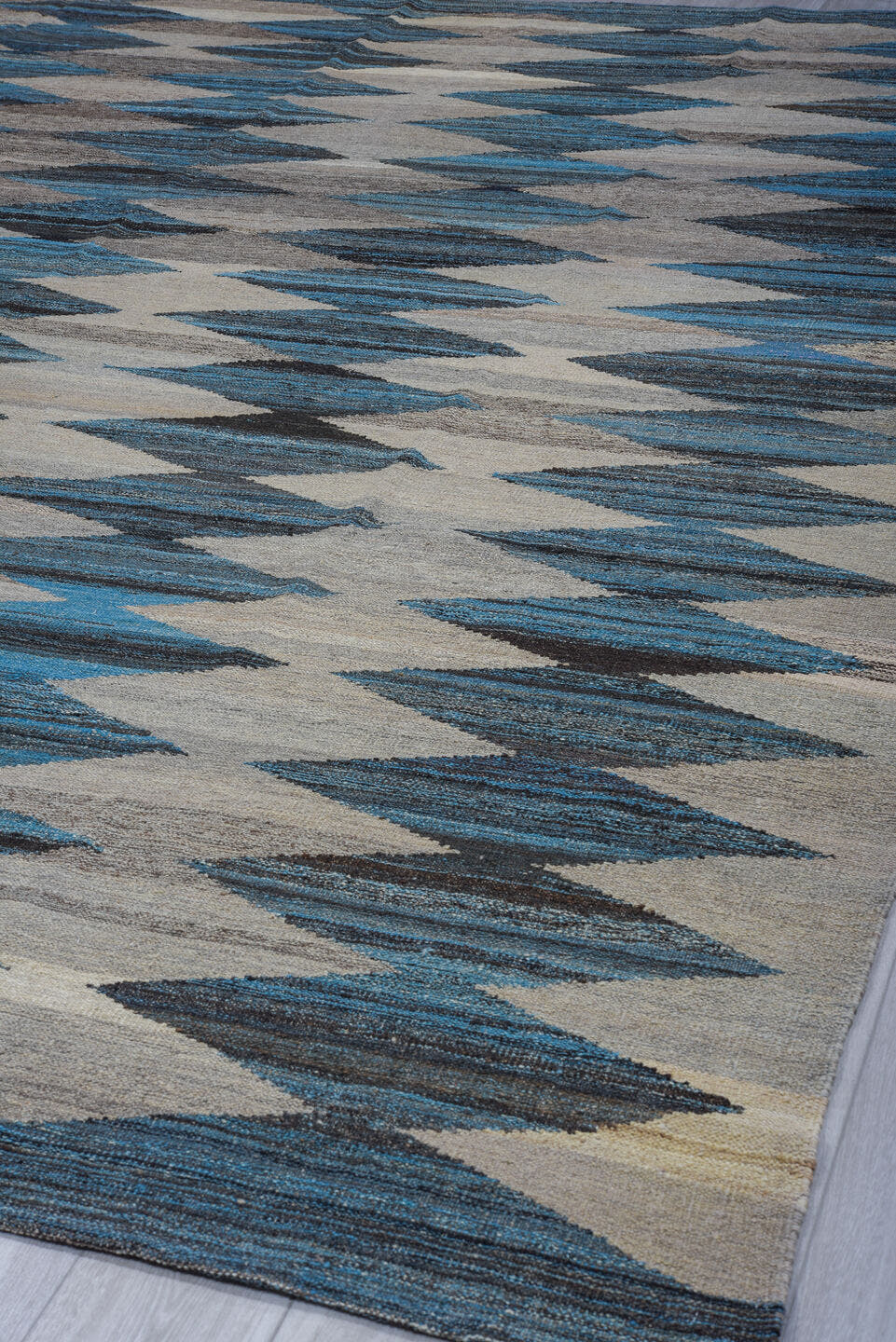 9' x 11' one-of-a-kind handmade vintage Kilim large size rug. Color palette: ivory, turquoise, slate, charcoal, taupe, teal