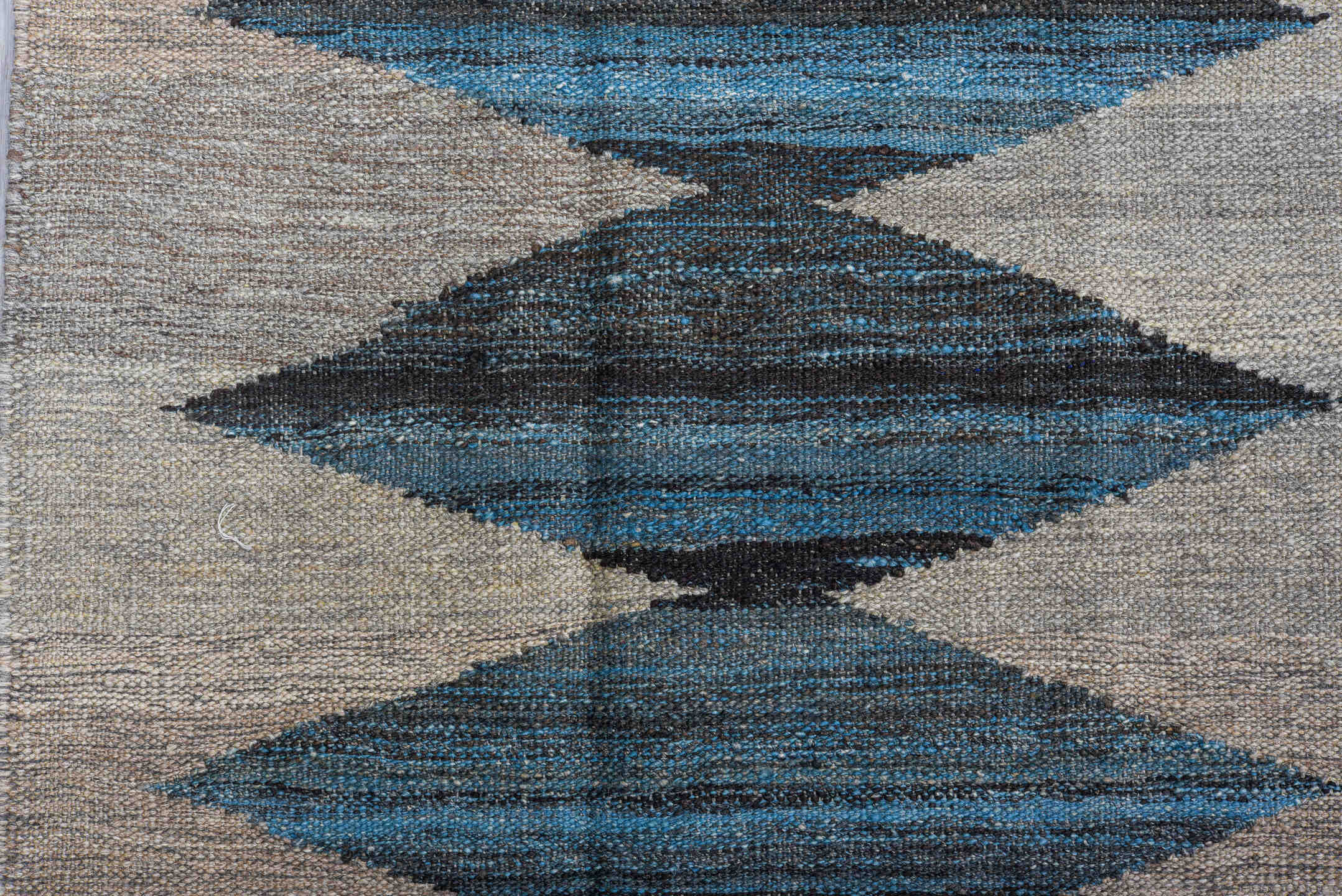 9' x 11' one-of-a-kind handmade vintage Kilim large size rug. Color palette: arapawa, black, blue, brown, charcoal
