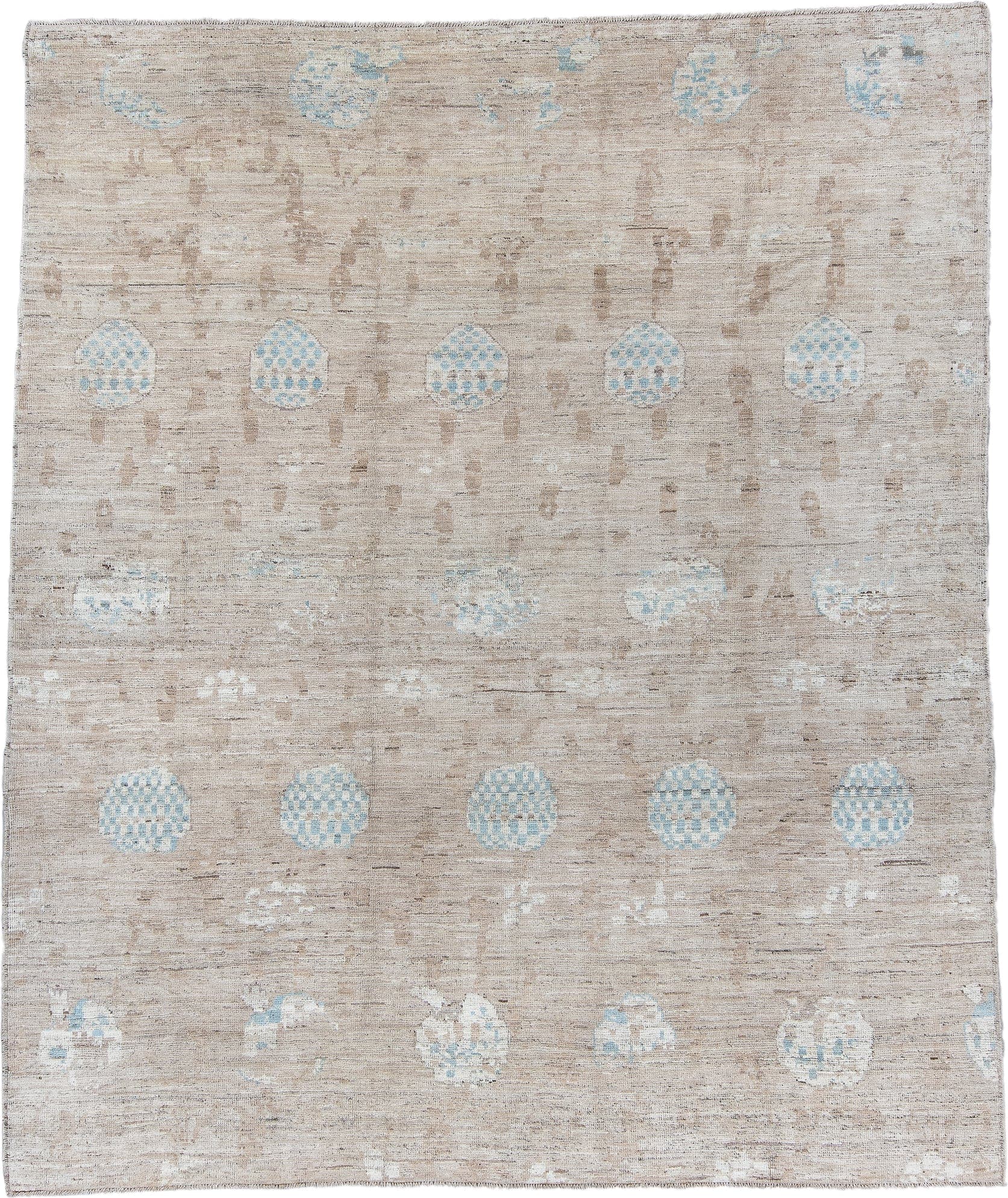 8' x 9' one-of-a-kind handmade vintage Tulu rug. Color palette: taupe, ivory, pale blue, beige, gray, light blue