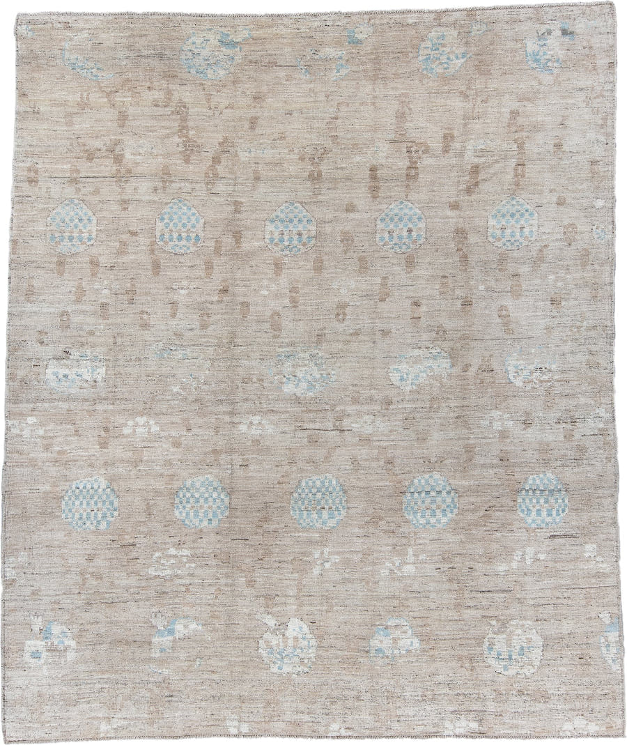 8' x 9' one-of-a-kind handmade vintage Tulu rug. Color palette: taupe, ivory, pale blue, beige, gray, light blue