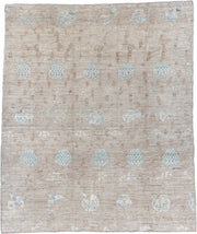 8' x 9' one-of-a-kind handmade vintage Tulu rug. Color palette: taupe, ivory, pale blue, beige, gray, light blue