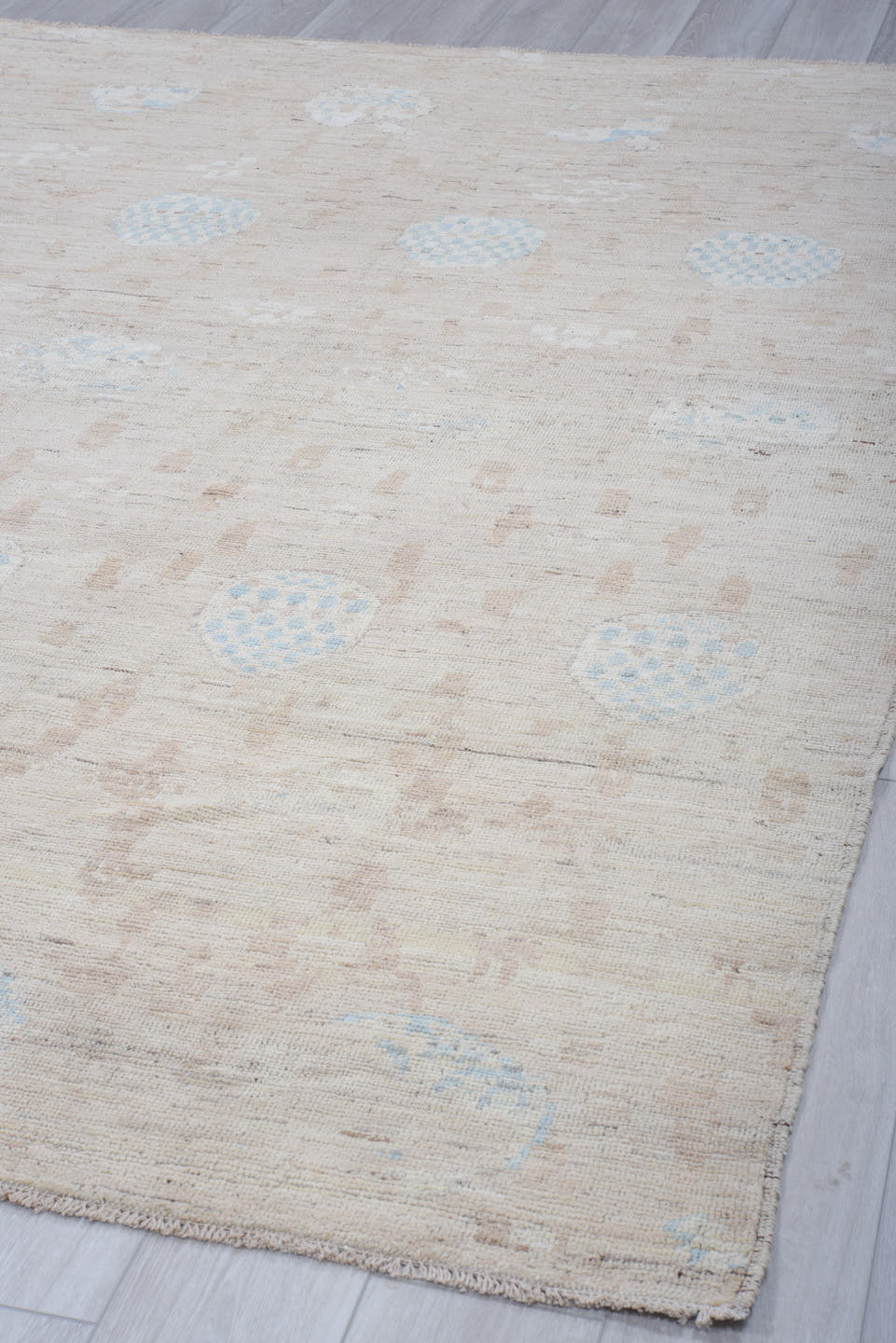 8' x 9' one-of-a-kind handmade vintage Tulu rug. Color palette: taupe, ivory, pale blue, beige, gray, light blue