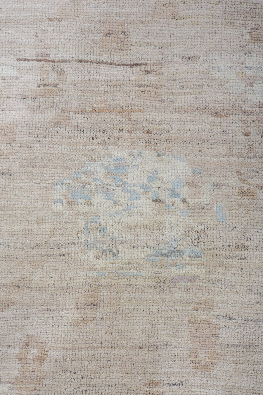 8' x 9' one-of-a-kind handmade vintage Tulu rug. Color palette: taupe, ivory, pale blue, beige, gray, light blue