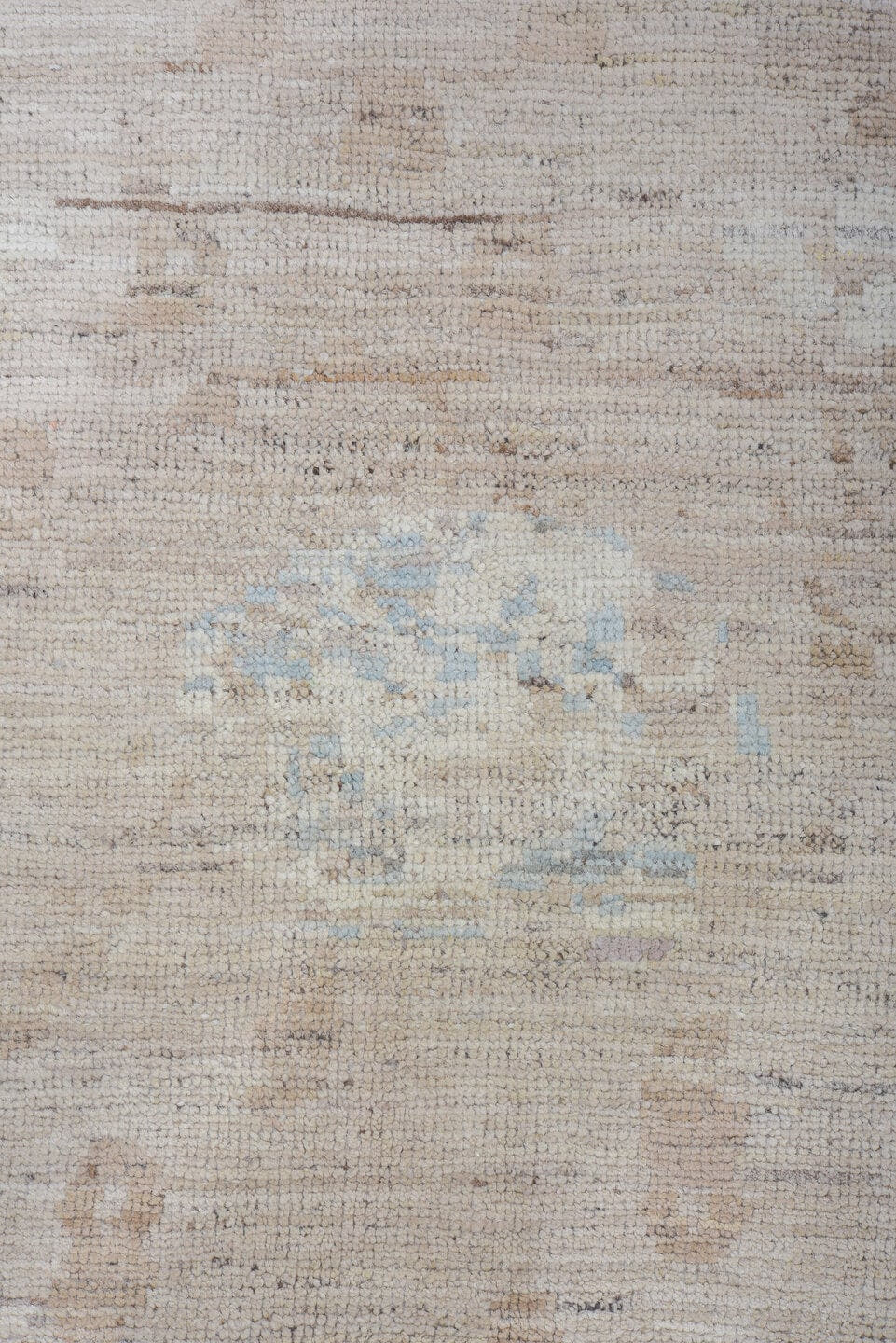 8' x 9' one-of-a-kind handmade vintage Tulu rug. Color palette: taupe, ivory, pale blue, beige, gray, light blue
