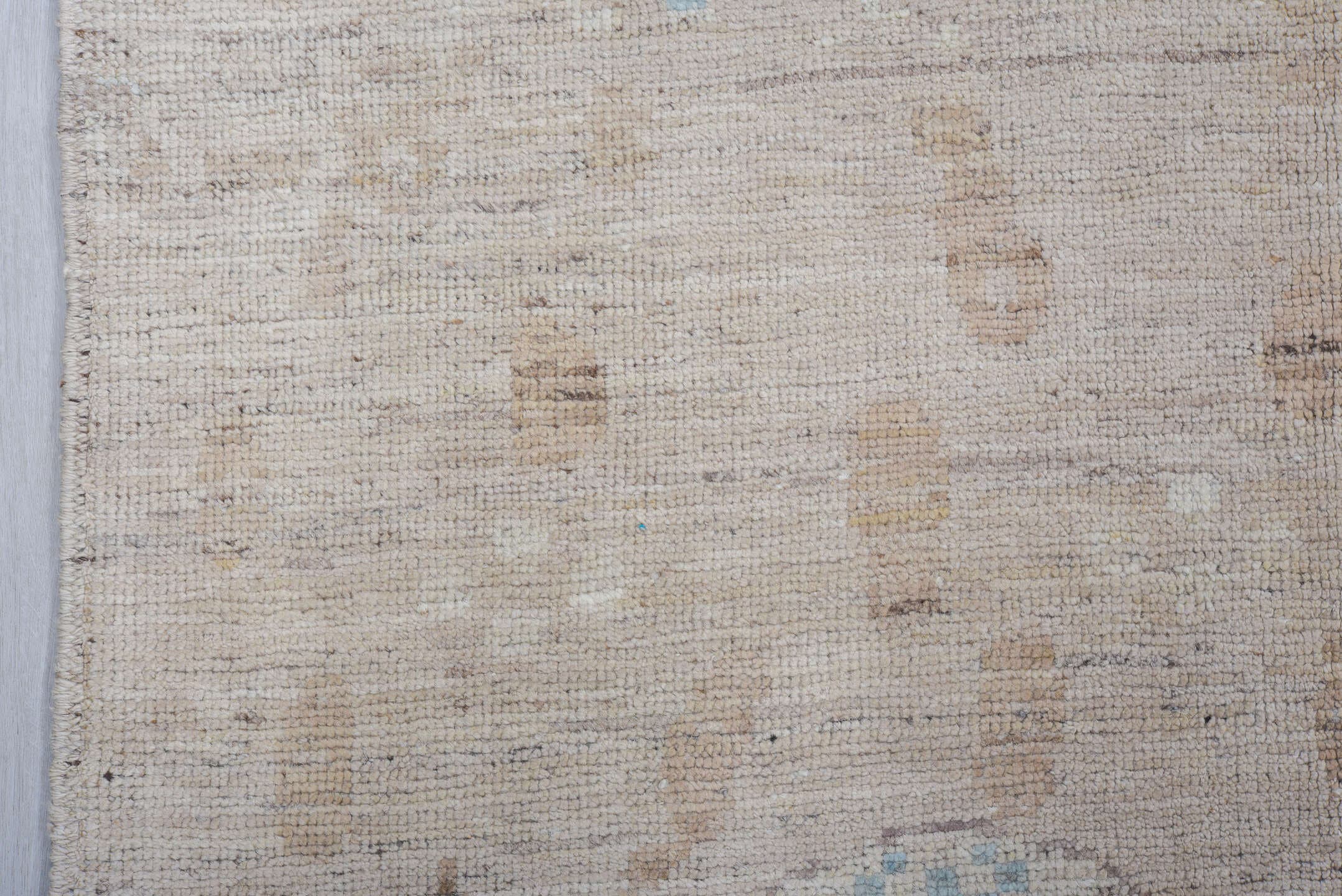8' x 9' one-of-a-kind handmade vintage Tulu rug. Color palette: taupe, ivory, pale blue, beige, gray, light blue