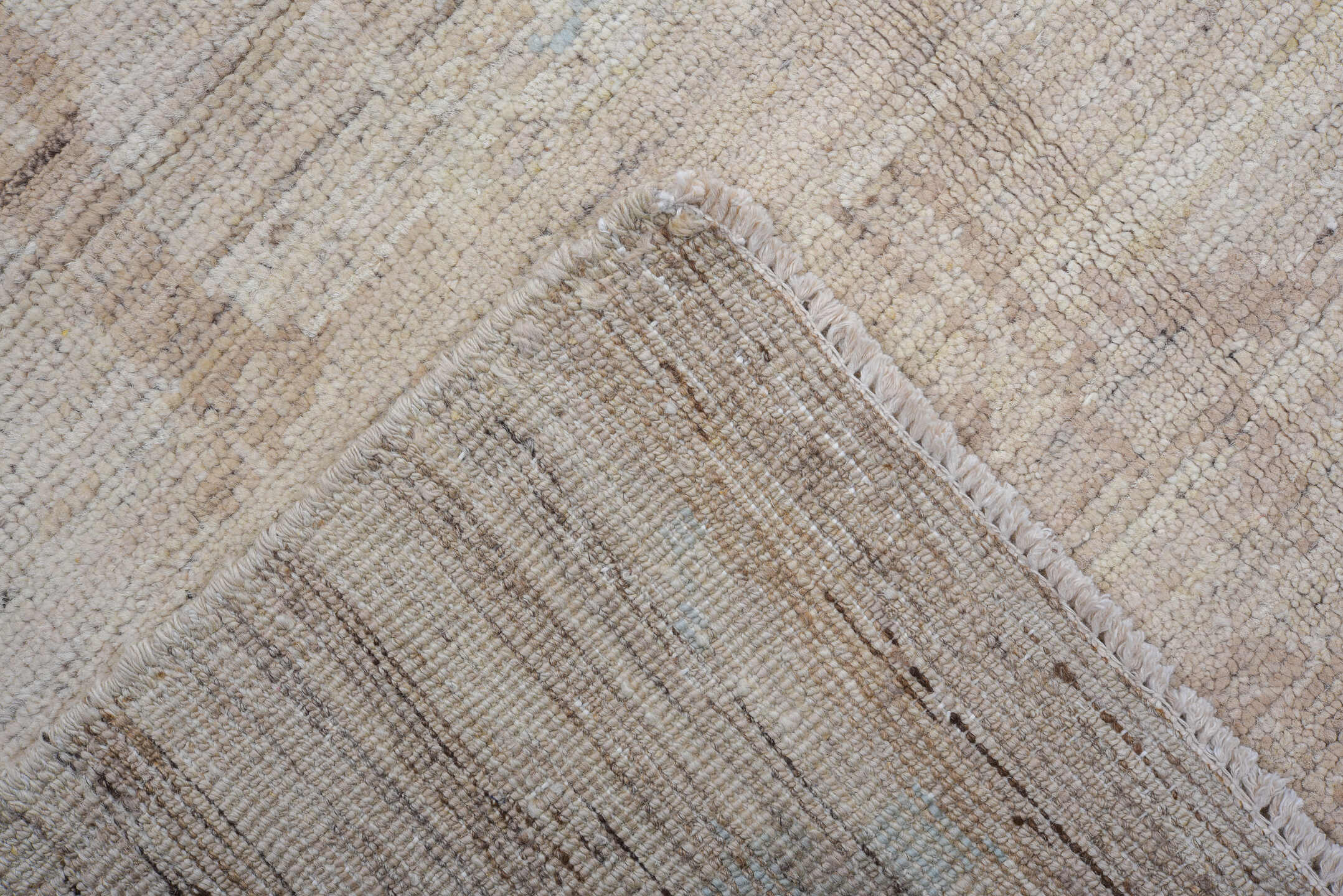 8' x 9' one-of-a-kind handmade vintage Tulu rug. Color palette: taupe, ivory, pale blue, beige, gray, light blue