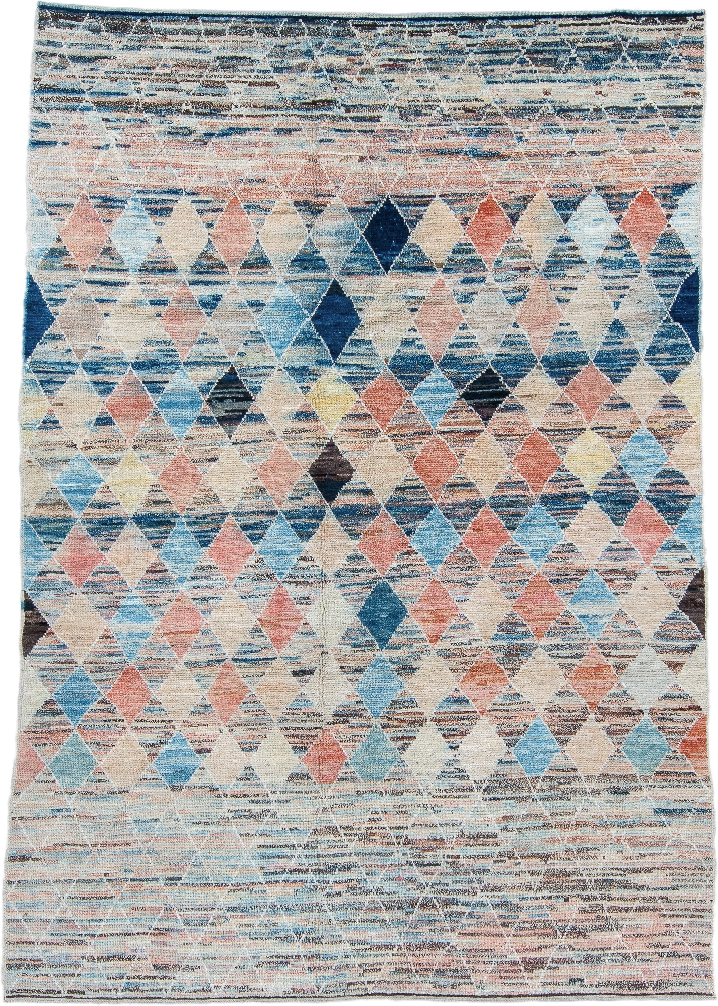 8' x 9' one-of-a-kind handmade vintage Tulu rug. Color palette: ivory, sky_blue, navy, coral, charcoal, cream, pale_yellow
