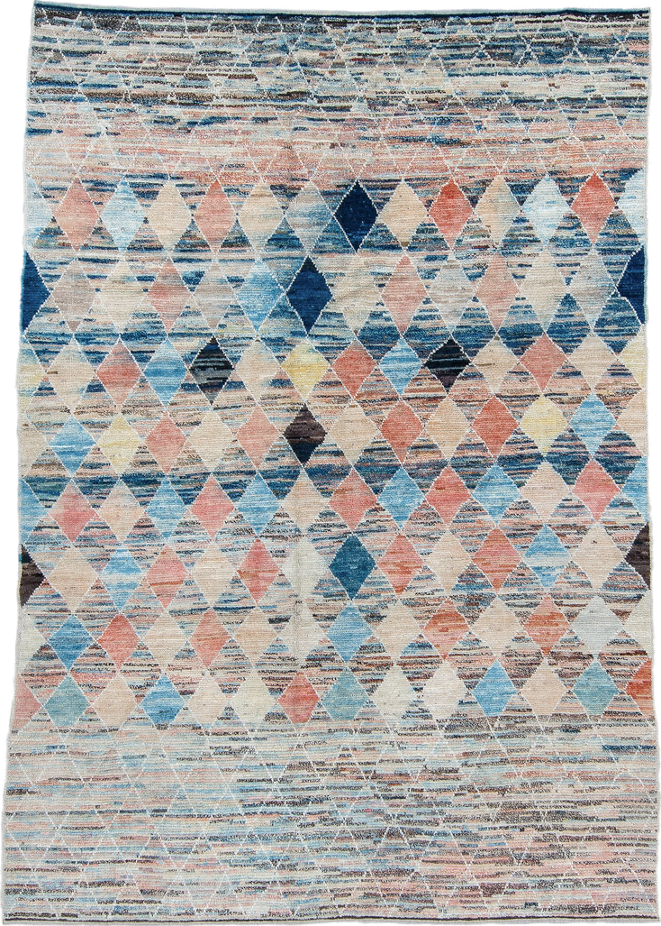 8' x 9' one-of-a-kind handmade vintage Tulu rug. Color palette: ivory, sky_blue, navy, coral, charcoal, cream, pale_yellow
