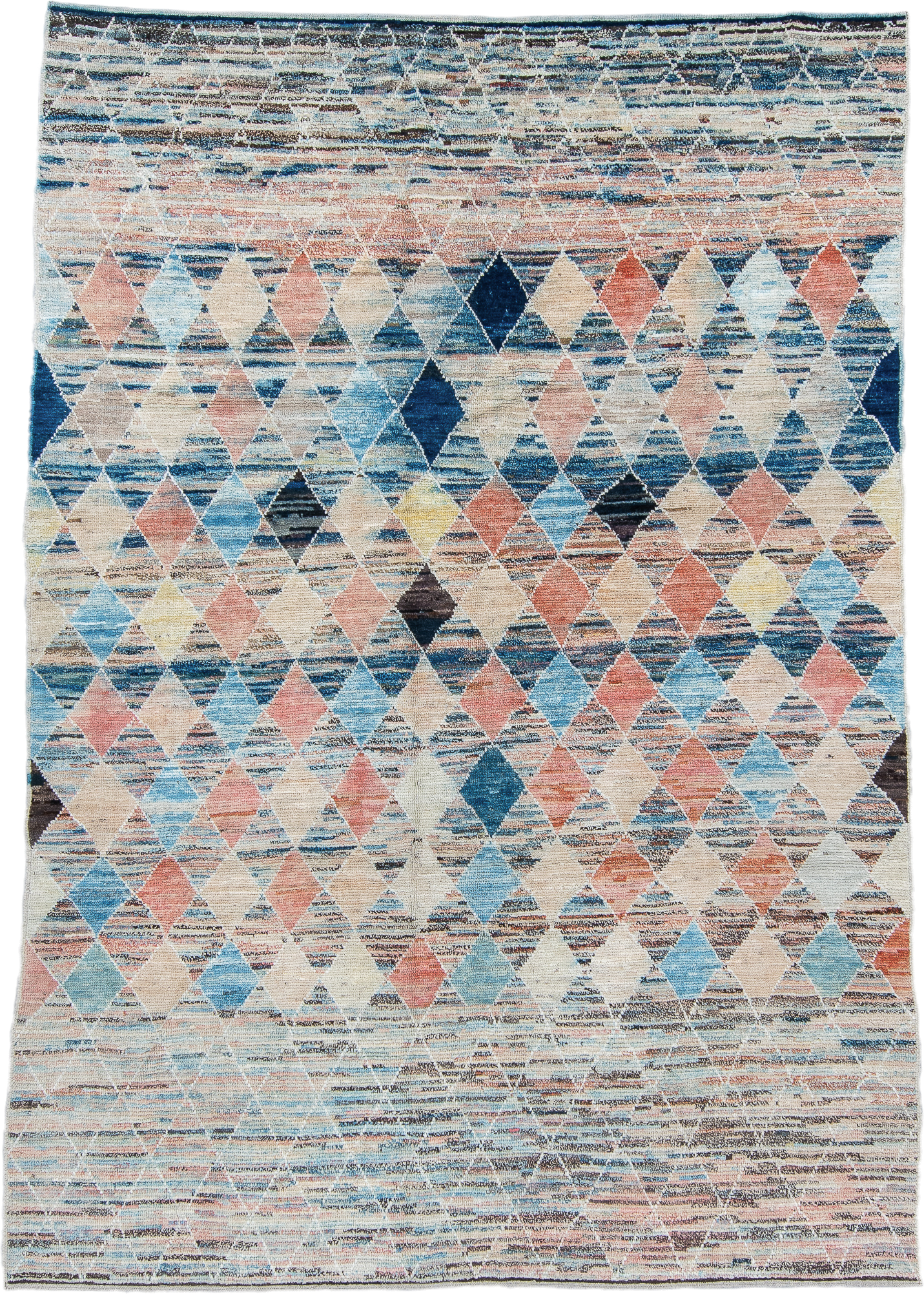 8' x 9' one-of-a-kind handmade vintage Tulu rug. Color palette: ivory, sky_blue, navy, coral, charcoal, cream, pale_yellow