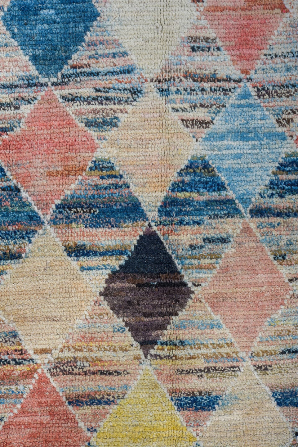 8' x 9' one-of-a-kind handmade vintage Tulu rug. Color palette: ivory, sky_blue, navy, coral, charcoal, cream, pale_yellow