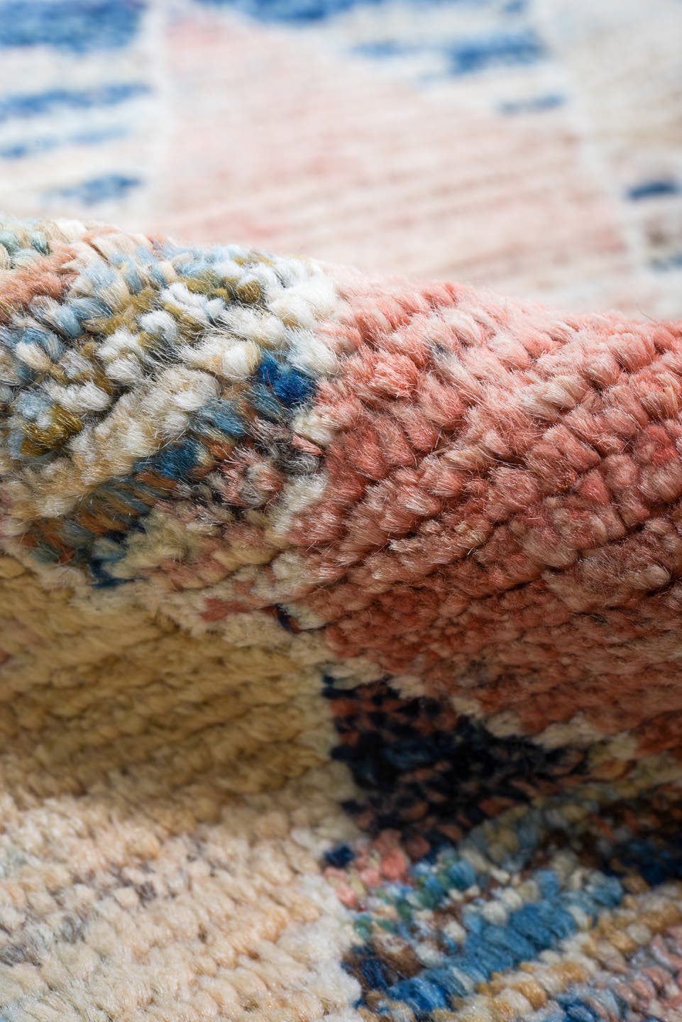 8' x 9' one-of-a-kind handmade vintage Tulu rug. Color palette: ivory, sky_blue, navy, coral, charcoal, cream, pale_yellow