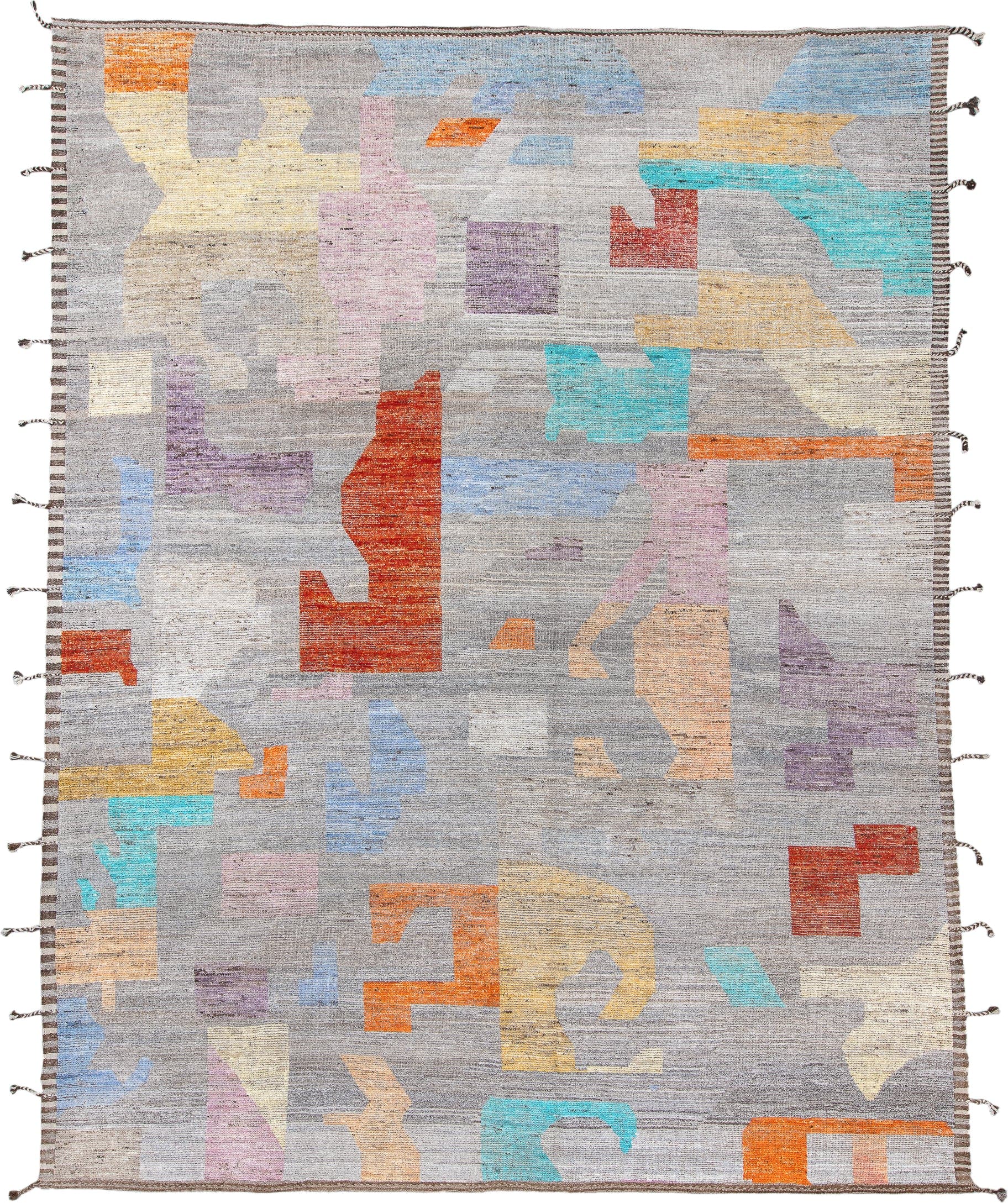 6' x 8' one-of-a-kind handmade vintage Tulu medium size rug. Color palette: gray, orange, turquoise, lavender, butter yellow