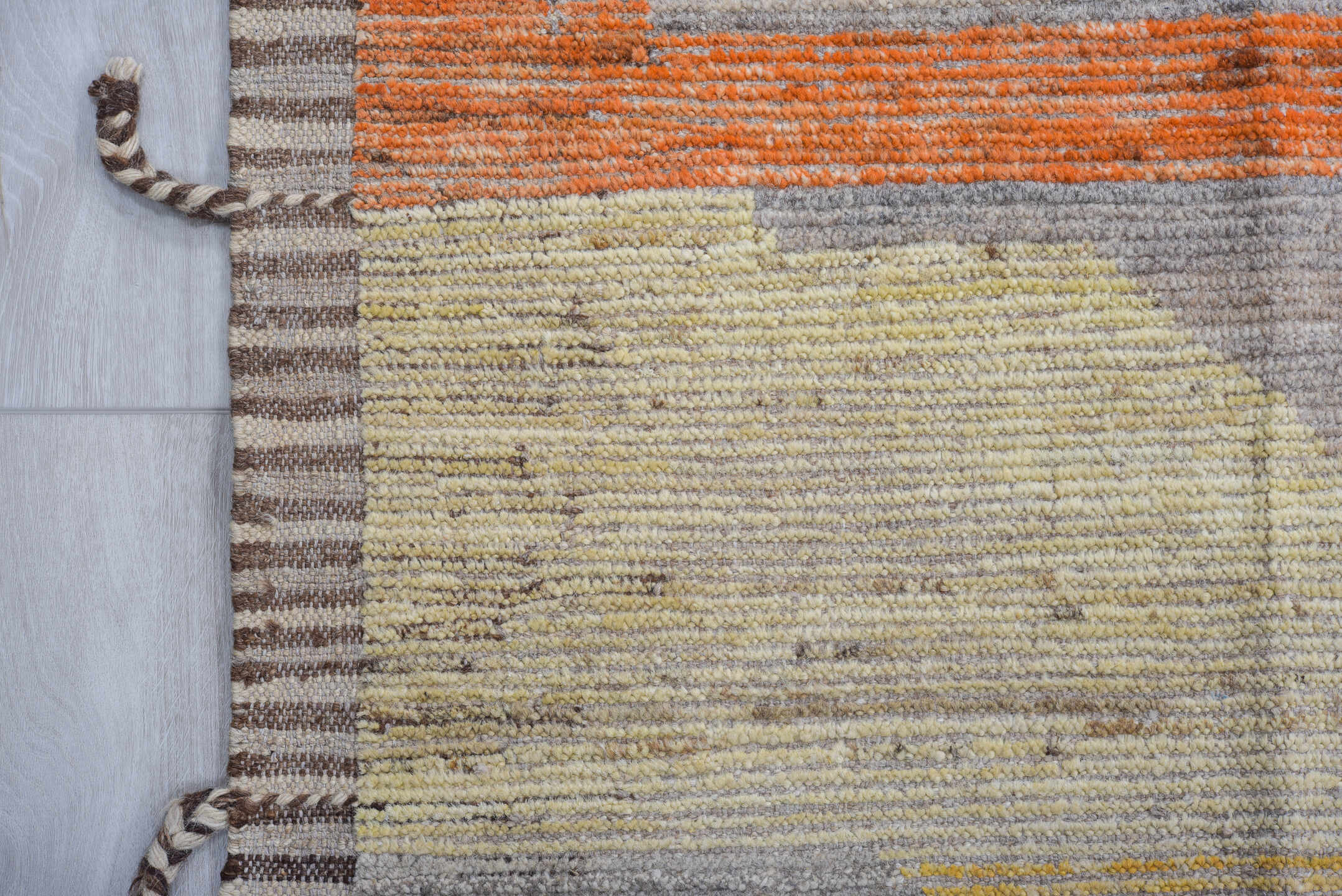 6' x 8' one-of-a-kind handmade vintage Tulu medium size rug. Color palette: gray, orange, turquoise, lavender, butter yellow