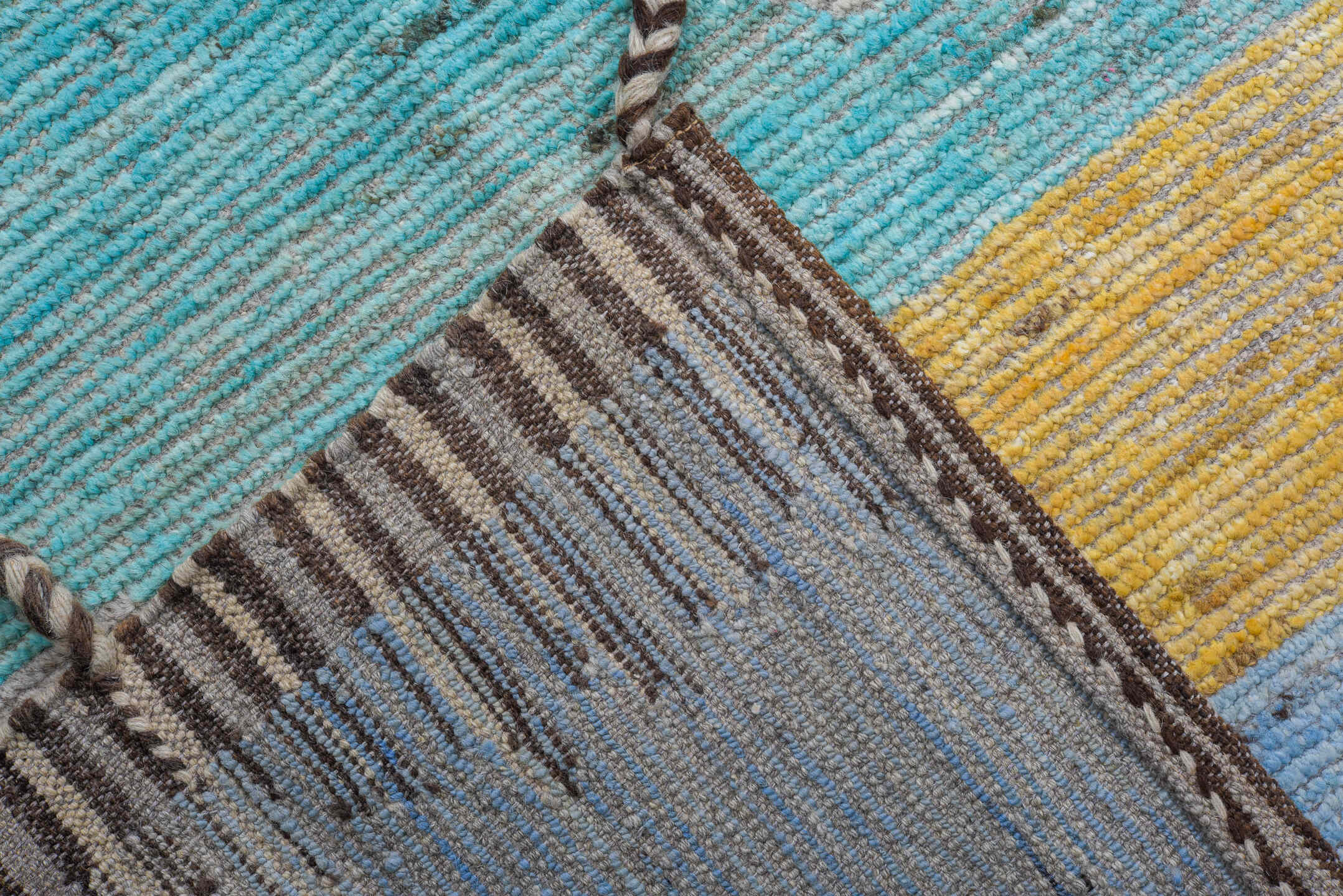 6' x 8' one-of-a-kind handmade vintage Tulu medium size rug. Color palette: gray, orange, turquoise, lavender, butter yellow