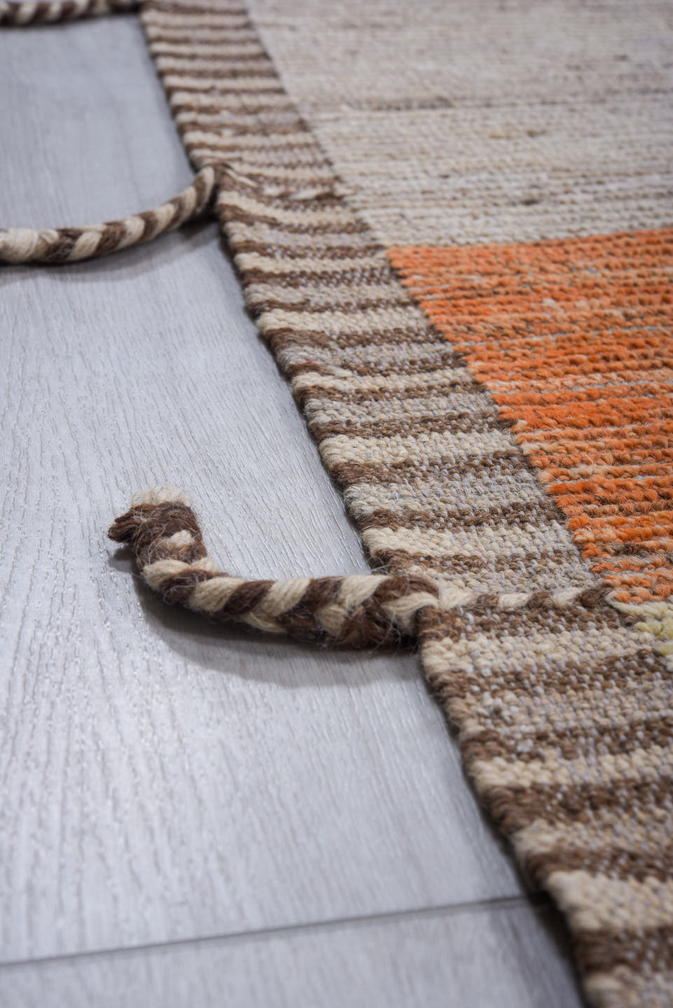 6' x 8' one-of-a-kind handmade vintage Tulu medium size rug. Color palette: gray, orange, turquoise, lavender, butter yellow