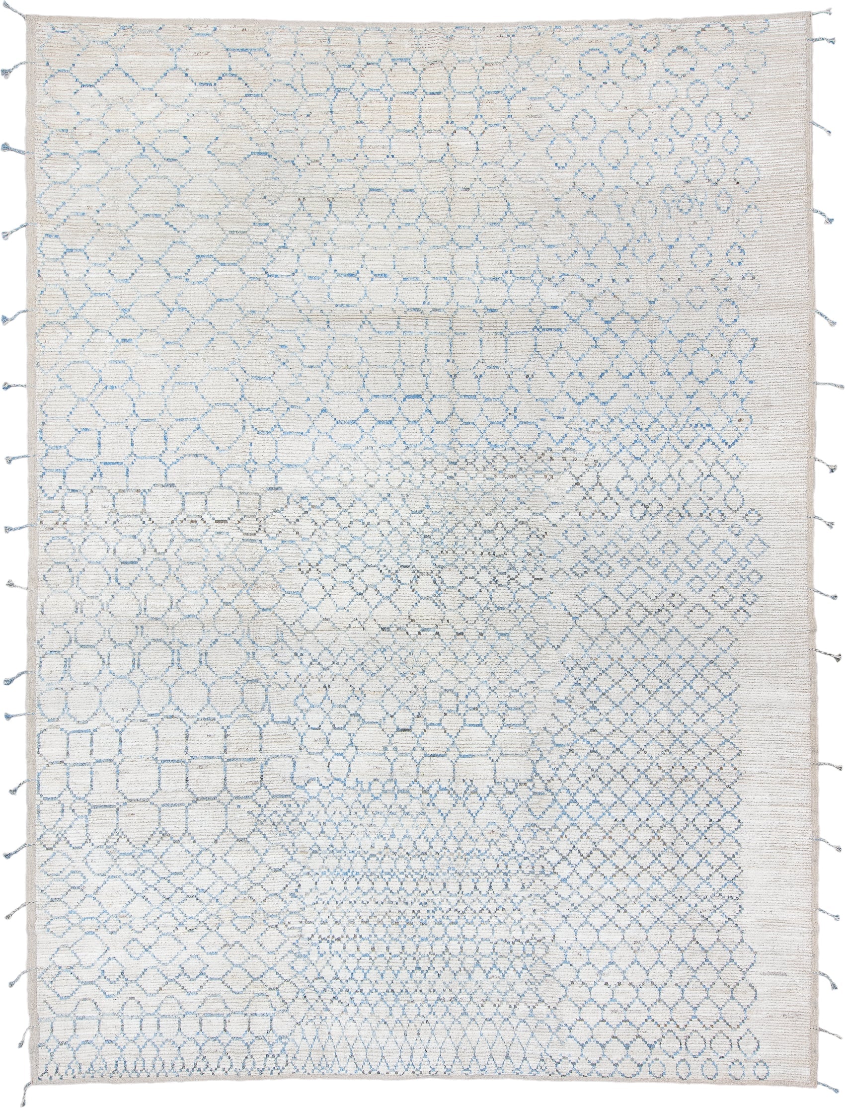 10' x 14' one-of-a-kind handmade vintage Tulu large size rug. Color palette: ivory, sky blue, light gray, cream, light blue