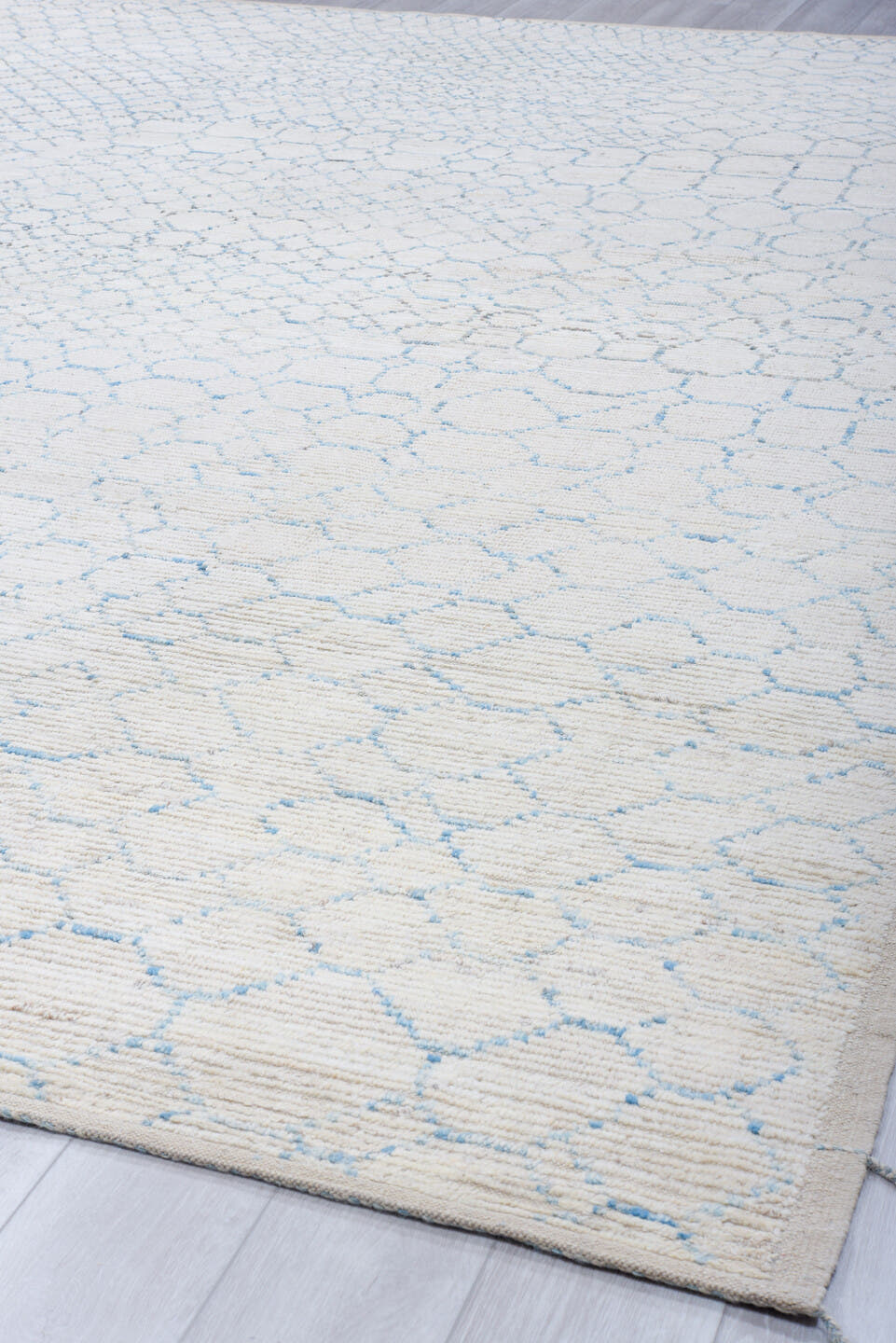 10' x 14' one-of-a-kind handmade vintage Tulu large size rug. Color palette: ivory, sky blue, light gray, cream, light blue