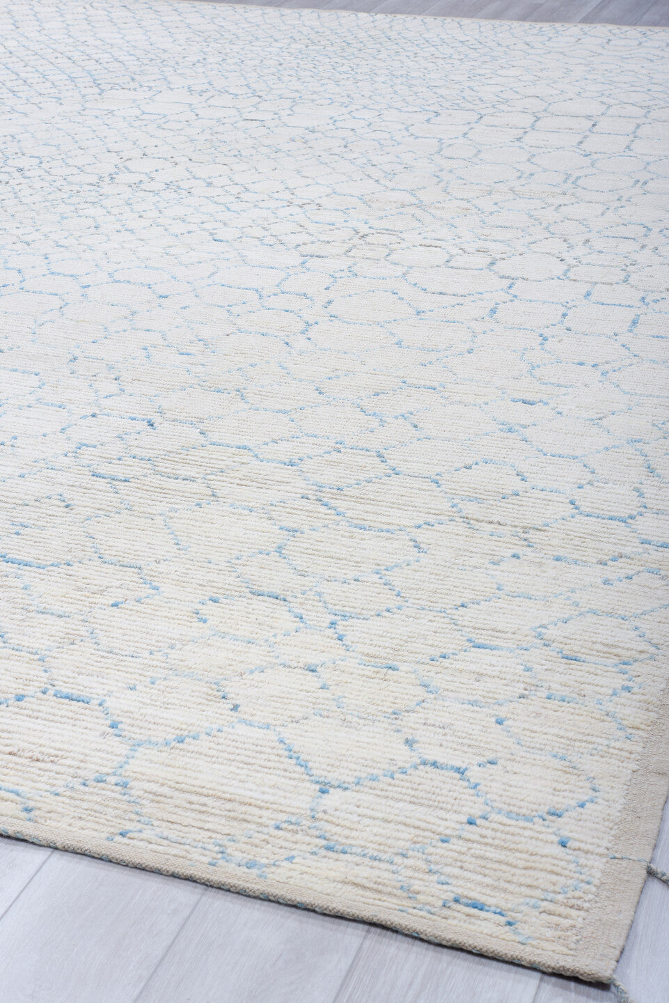 10' x 14' one-of-a-kind handmade vintage Tulu large size rug. Color palette: ivory, sky blue, light gray, cream, light blue