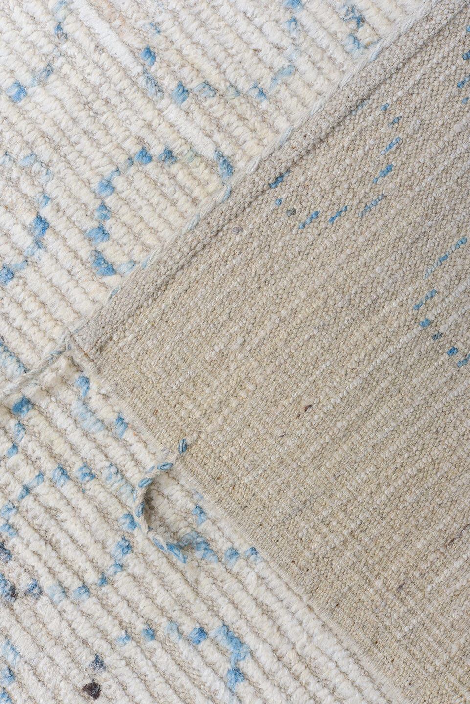 10' x 14' one-of-a-kind handmade vintage Tulu large size rug. Color palette: ivory, sky blue, light gray, cream, light blue