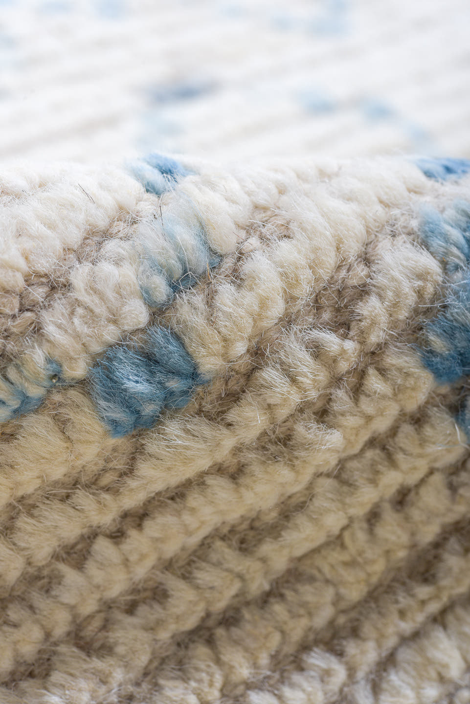 10' x 14' one-of-a-kind handmade vintage Tulu large size rug. Color palette: ivory, sky blue, light gray, cream, light blue