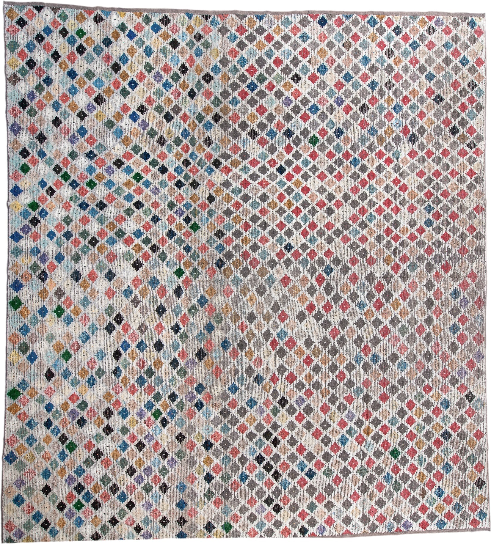 10' x 14' one-of-a-kind handmade vintage Tulu large size rug. Color palette: ivory, taupe, rose, sky blue, charcoal, camel