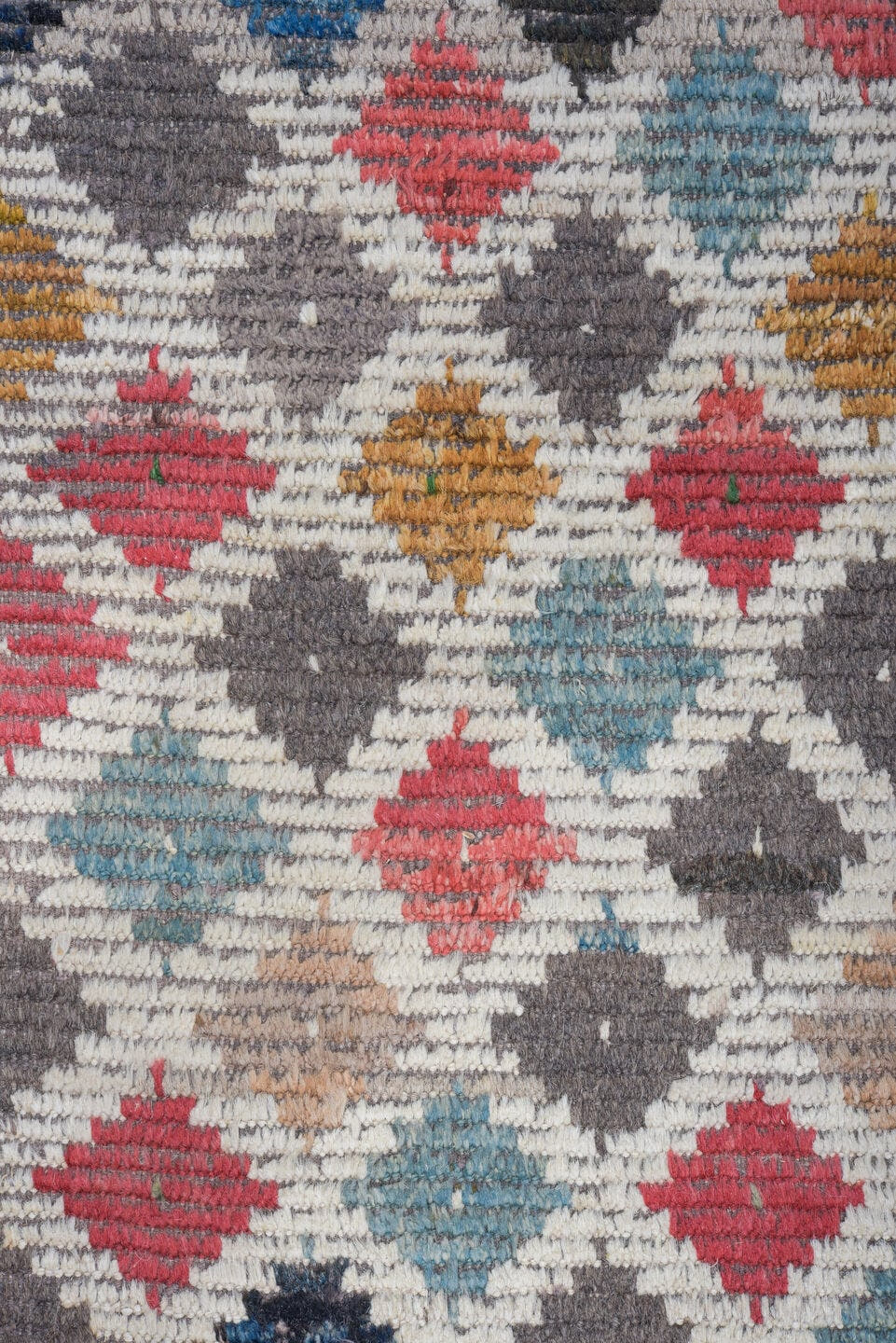 10' x 14' one-of-a-kind handmade vintage Tulu large size rug. Color palette: ivory, taupe, rose, sky blue, charcoal, camel