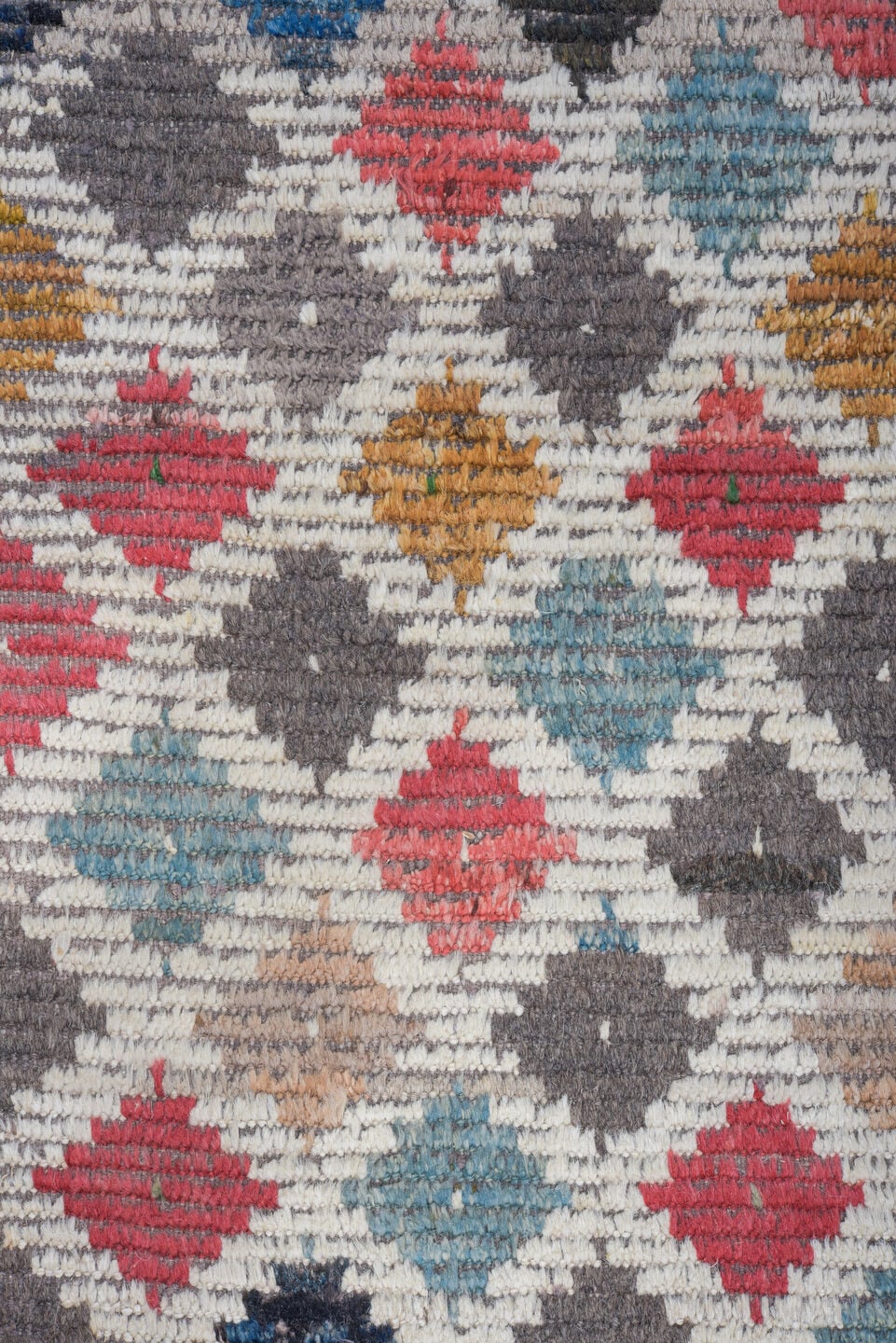 10' x 14' one-of-a-kind handmade vintage Tulu large size rug. Color palette: ivory, taupe, rose, sky blue, charcoal, camel