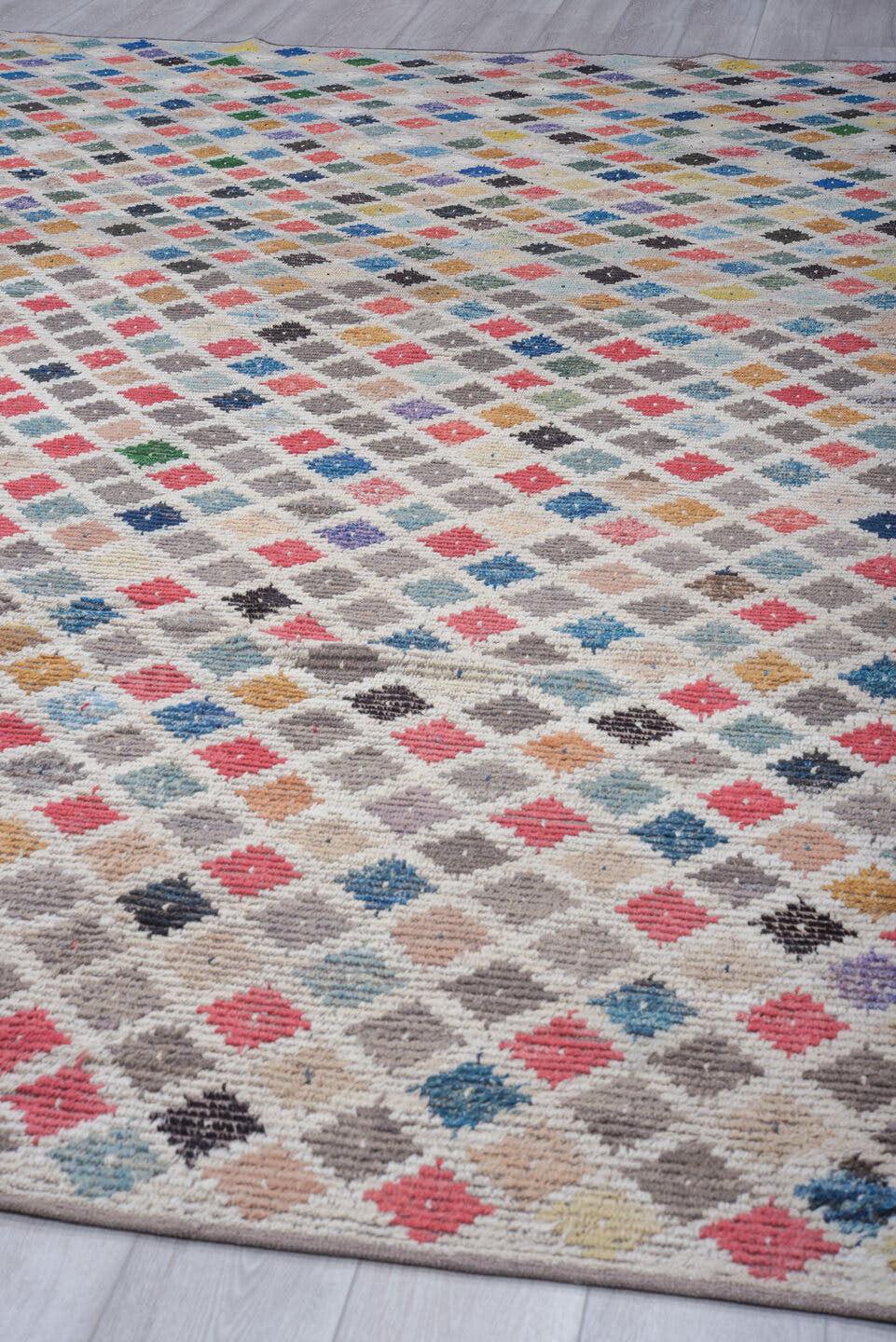 10' x 14' one-of-a-kind handmade vintage Tulu large size rug. Color palette: ivory, taupe, rose, sky blue, charcoal, camel