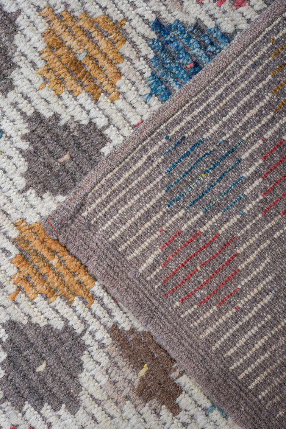 10' x 14' one-of-a-kind handmade vintage Tulu large size rug. Color palette: ivory, taupe, rose, sky blue, charcoal, camel