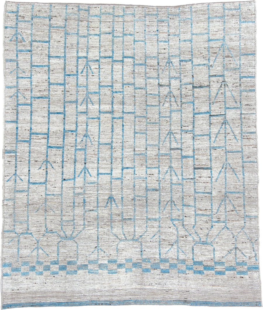 10' x 13' one-of-a-kind handmade vintage Tulu large size rug. Color palette: ivory, sky blue, gray, taupe, light blue, beige