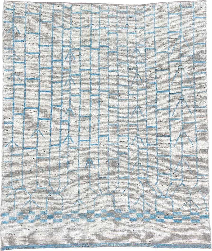 10' x 13' one-of-a-kind handmade vintage Tulu large size rug. Color palette: ivory, sky blue, gray, taupe, light blue, beige