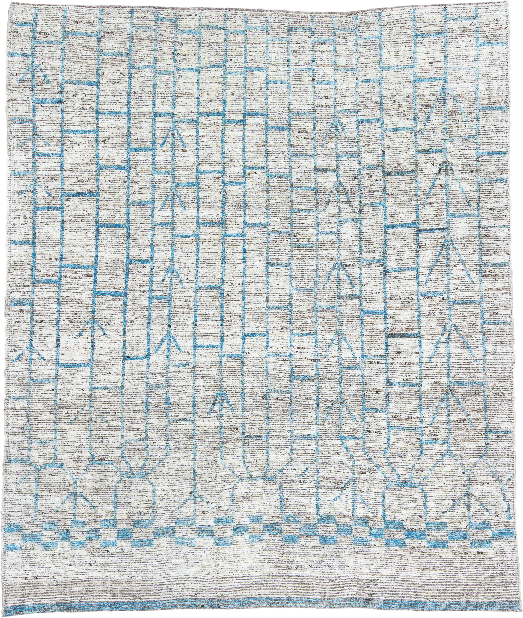 10' x 13' one-of-a-kind handmade vintage Tulu large size rug. Color palette: ivory, sky blue, gray, taupe, light blue, beige