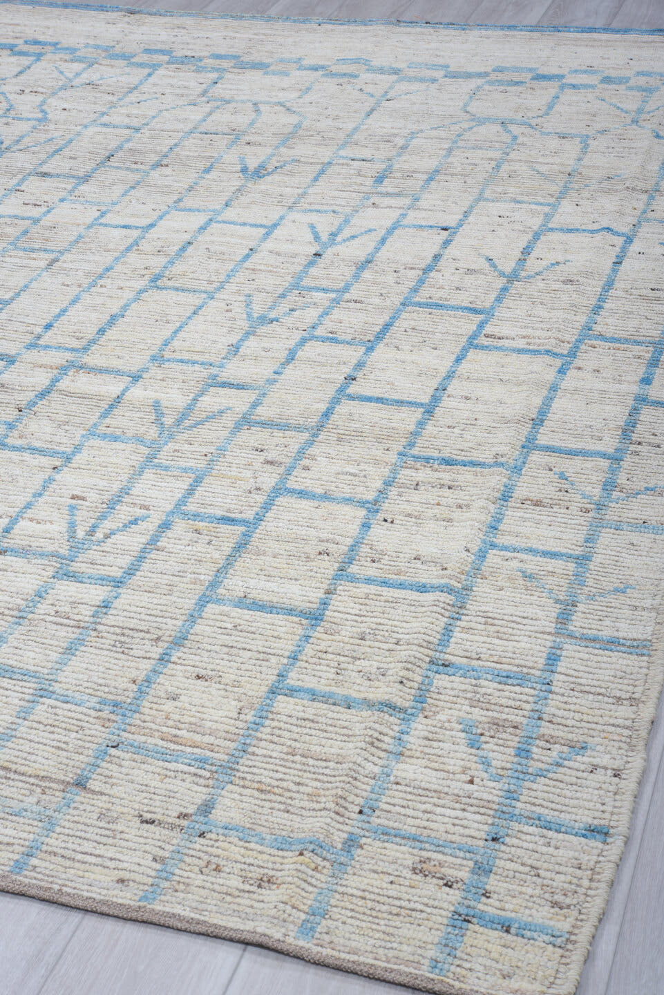 10' x 13' one-of-a-kind handmade vintage Tulu large size rug. Color palette: ivory, sky blue, gray, taupe, light blue, beige