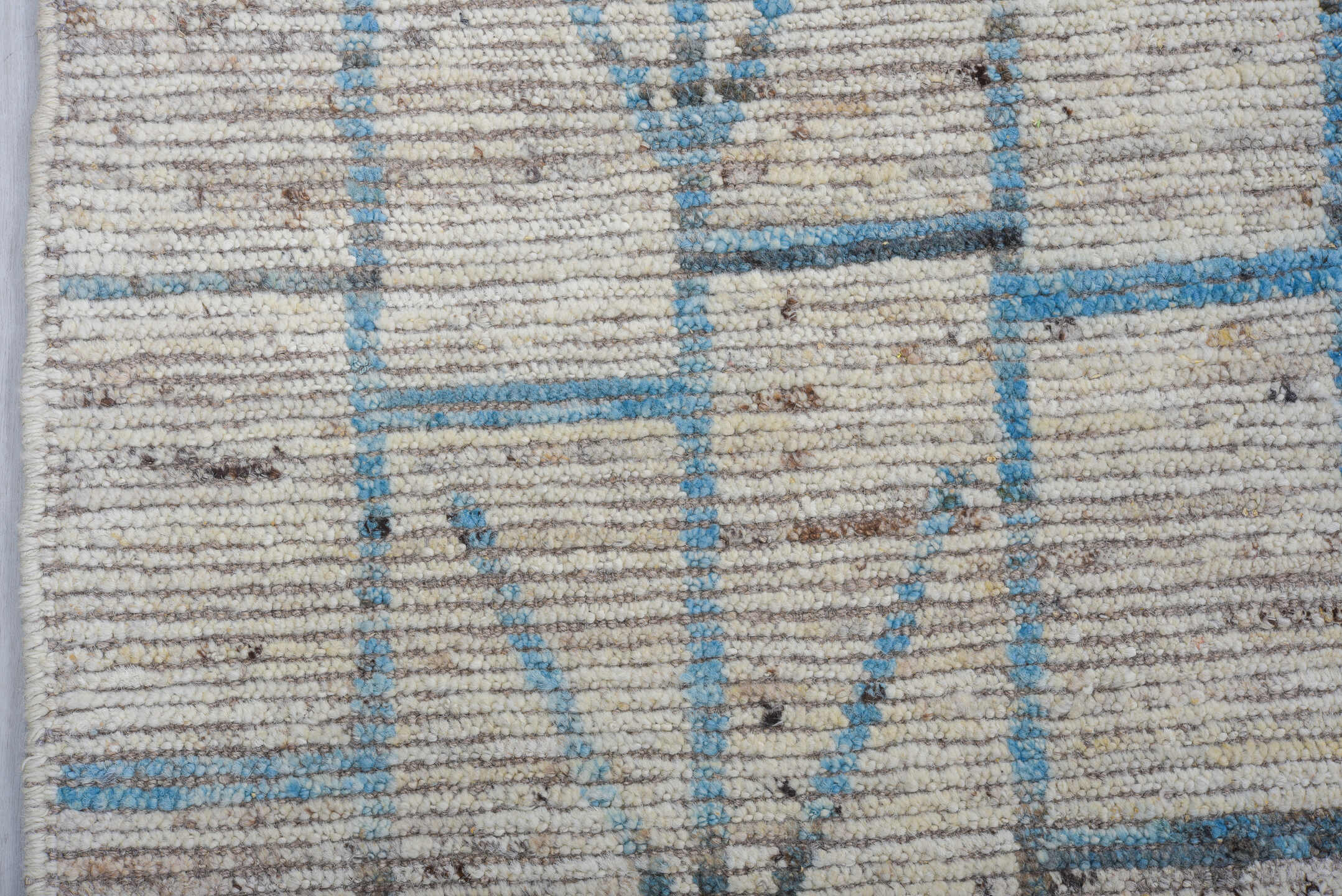 10' x 13' one-of-a-kind handmade vintage Tulu large size rug. Color palette: ivory, sky blue, gray, taupe, light blue, beige
