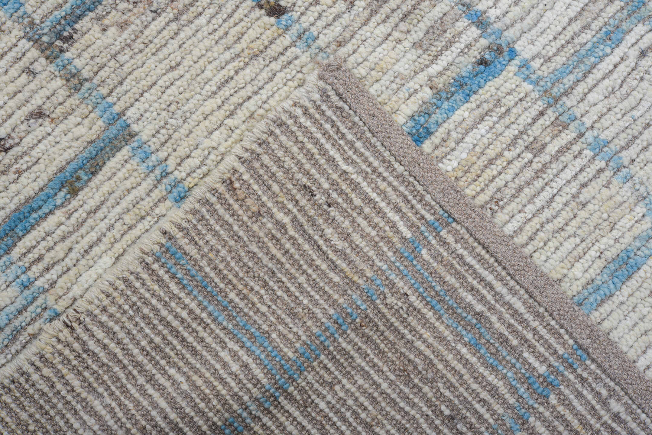 10' x 13' one-of-a-kind handmade vintage Tulu large size rug. Color palette: ivory, sky blue, gray, taupe, light blue, beige