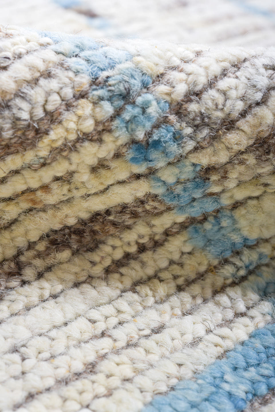 10' x 13' one-of-a-kind handmade vintage Tulu large size rug. Color palette: ivory, sky blue, gray, taupe, light blue, beige