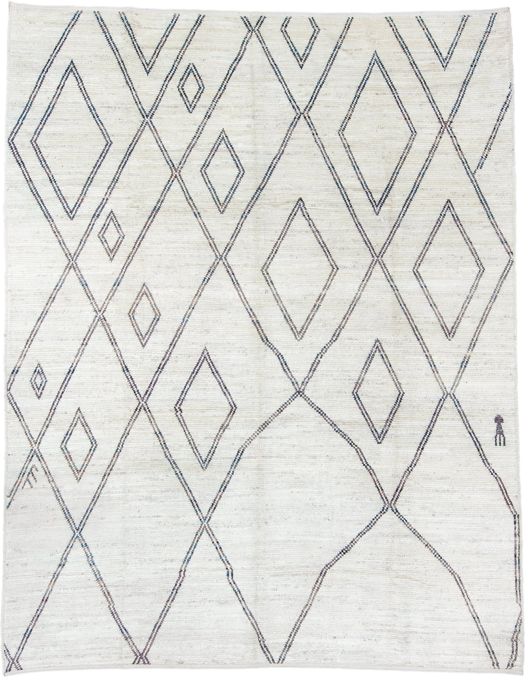 9' x 11' one-of-a-kind handmade vintage Tulu large size rug. Color palette: ivory, charcoal, taupe, slate, brown, gray