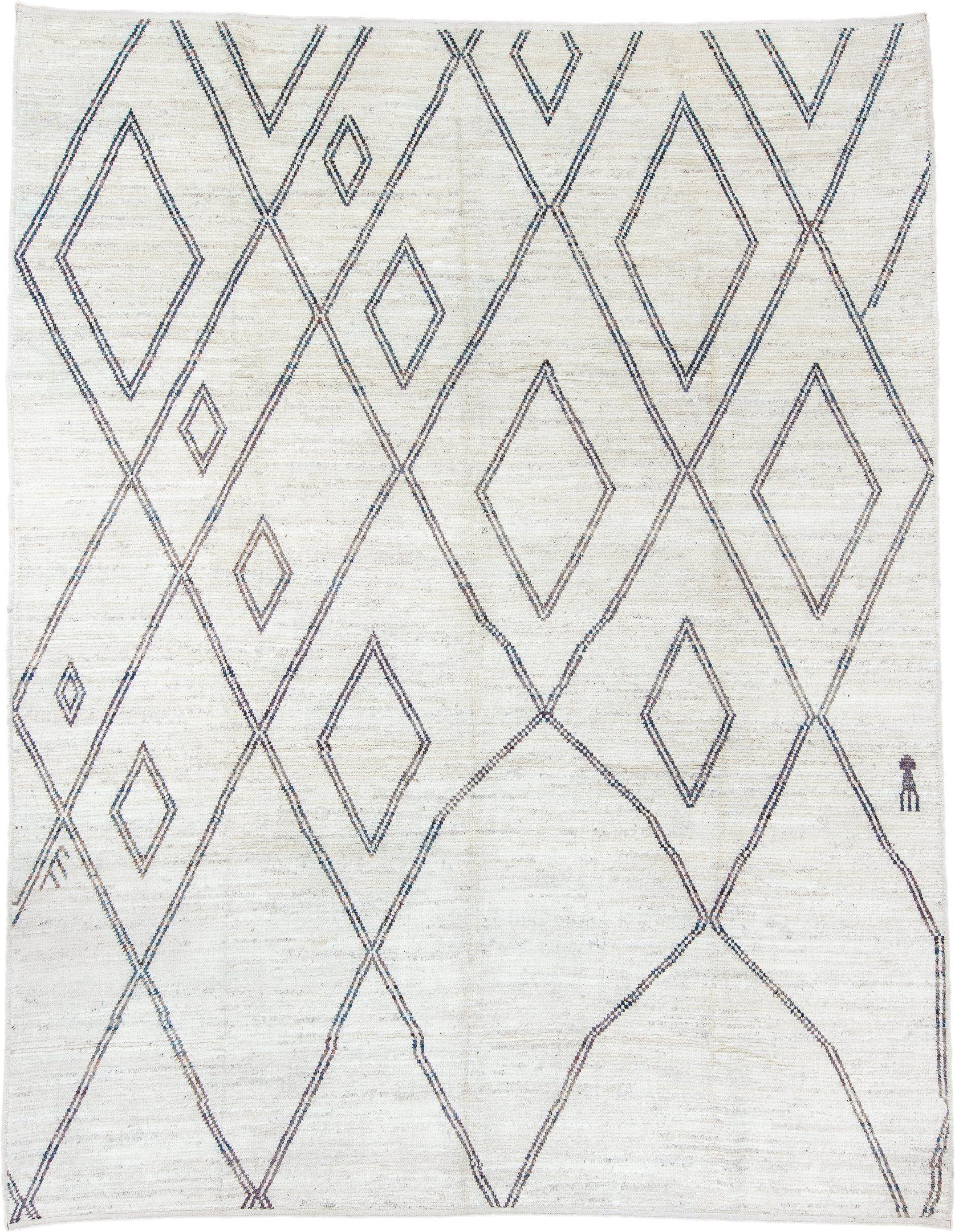 9' x 11' one-of-a-kind handmade vintage Tulu large size rug. Color palette: ivory, charcoal, taupe, slate, brown, gray