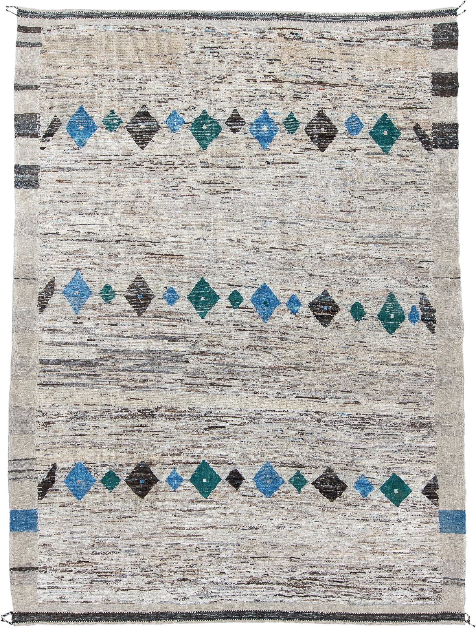 9' x 11' one-of-a-kind handmade vintage Tulu large size rug. Color palette: ivory, charcoal, sky_blue, teal, cream, gray