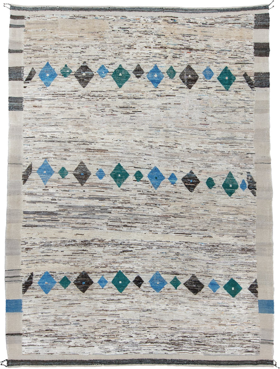 9' x 11' one-of-a-kind handmade vintage Tulu large size rug. Color palette: ivory, charcoal, sky_blue, teal, cream, gray
