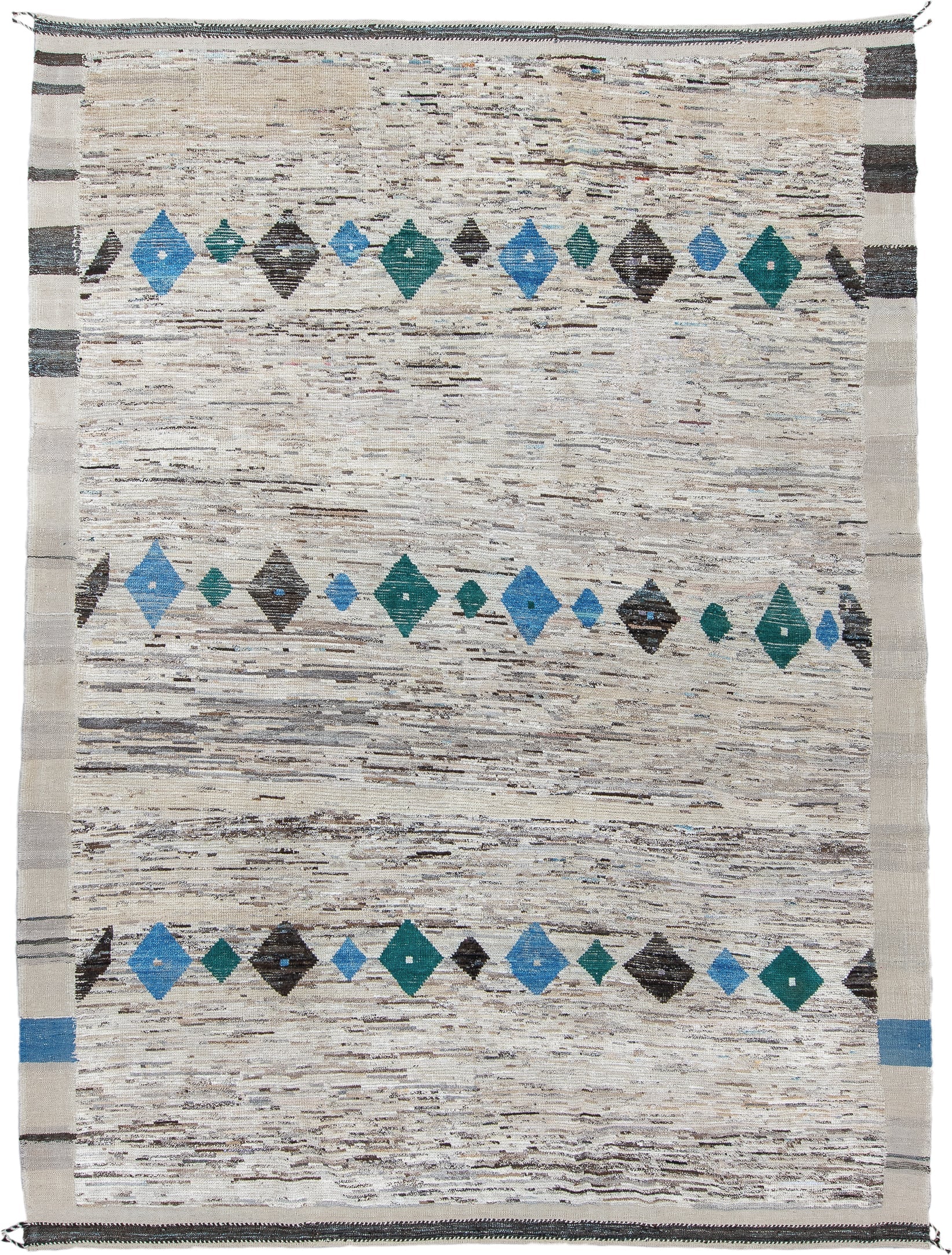 9' x 11' one-of-a-kind handmade vintage Tulu large size rug. Color palette: ivory, charcoal, sky_blue, teal, cream, gray