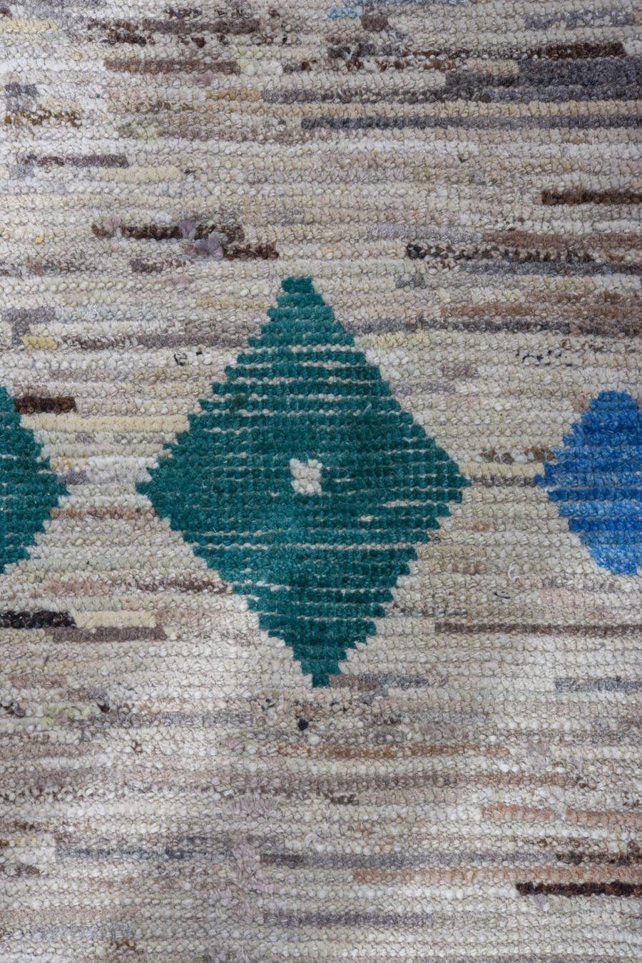 9' x 11' one-of-a-kind handmade vintage Tulu large size rug. Color palette: ivory, charcoal, sky_blue, teal, cream, gray