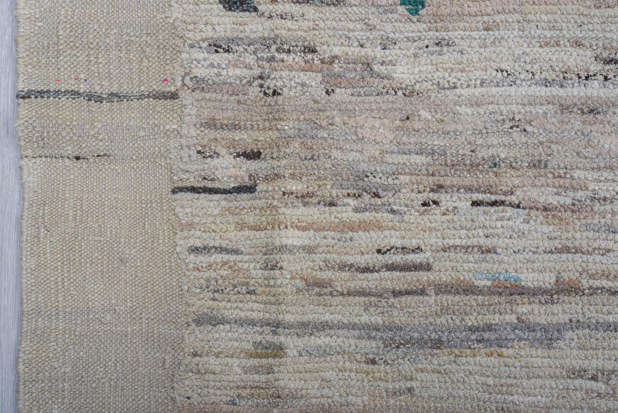 9' x 11' one-of-a-kind handmade vintage Tulu large size rug. Color palette: ivory, charcoal, sky_blue, teal, cream, gray