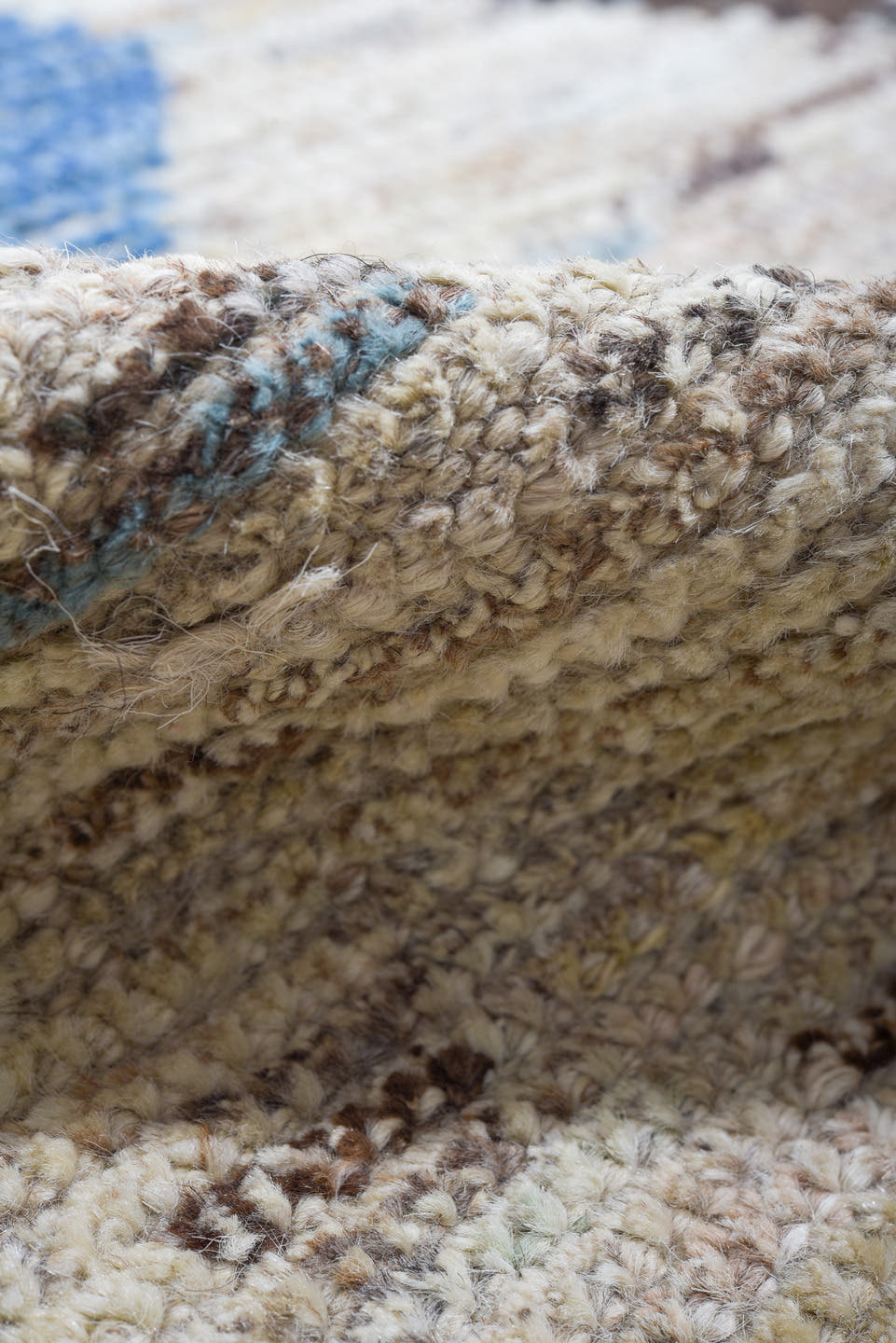 9' x 11' one-of-a-kind handmade vintage Tulu large size rug. Color palette: ivory, charcoal, sky_blue, teal, cream, gray