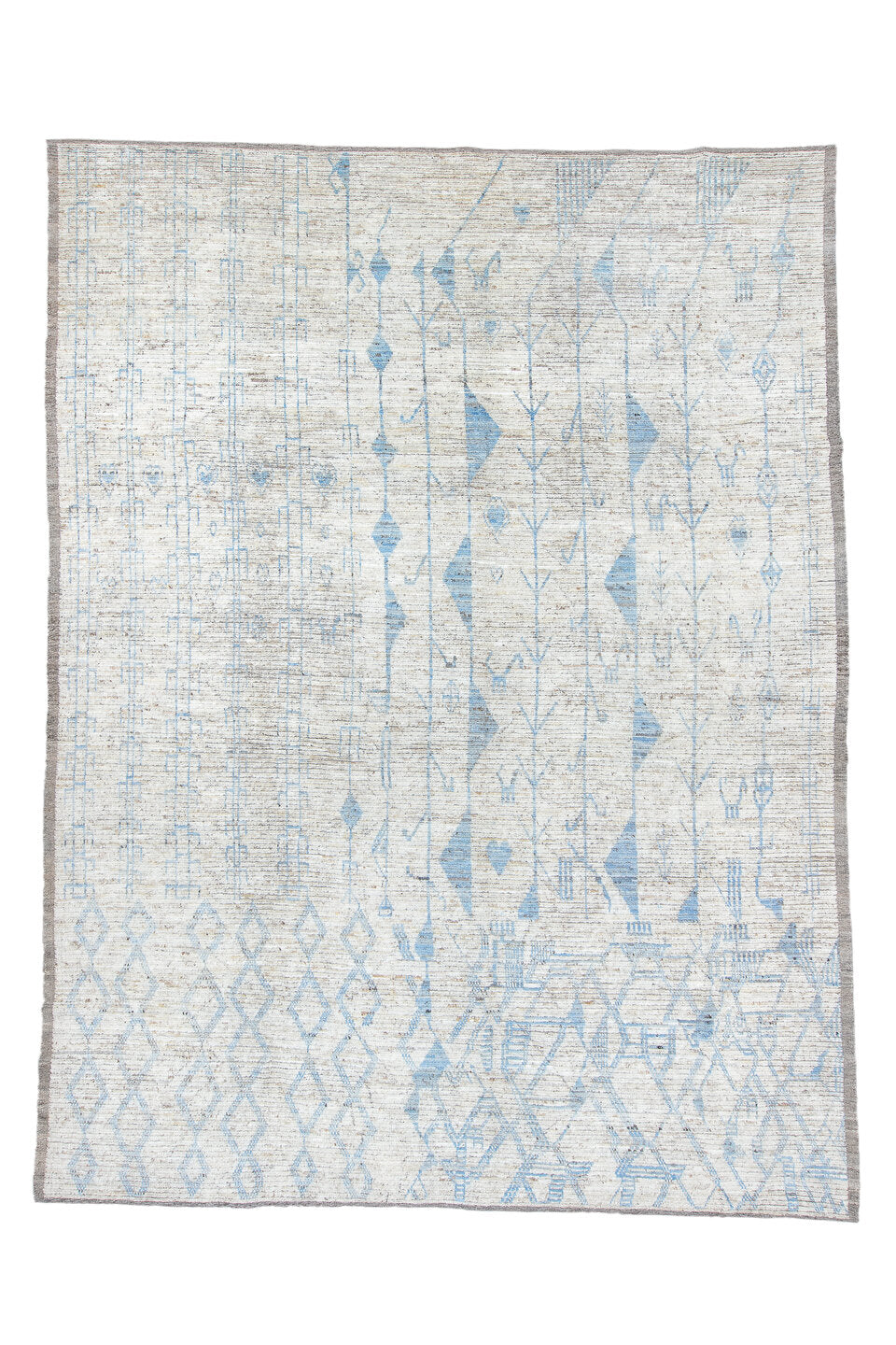 9' x 12' one-of-a-kind handmade vintage Tulu large size rug. Color palette: black, blue, dark gray, gainsboro, gray