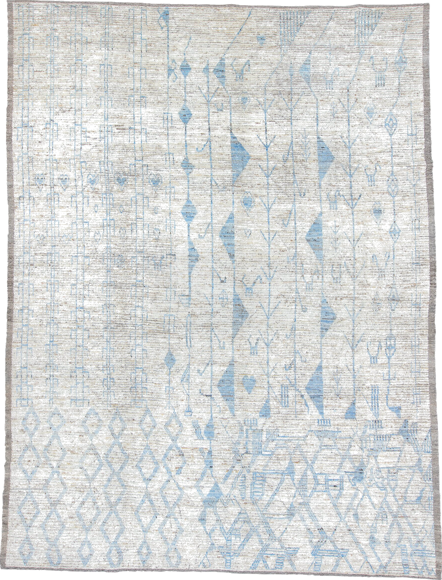 9' x 12' one-of-a-kind handmade vintage Tulu large size rug. Color palette: black, blue, dark gray, gainsboro, gray