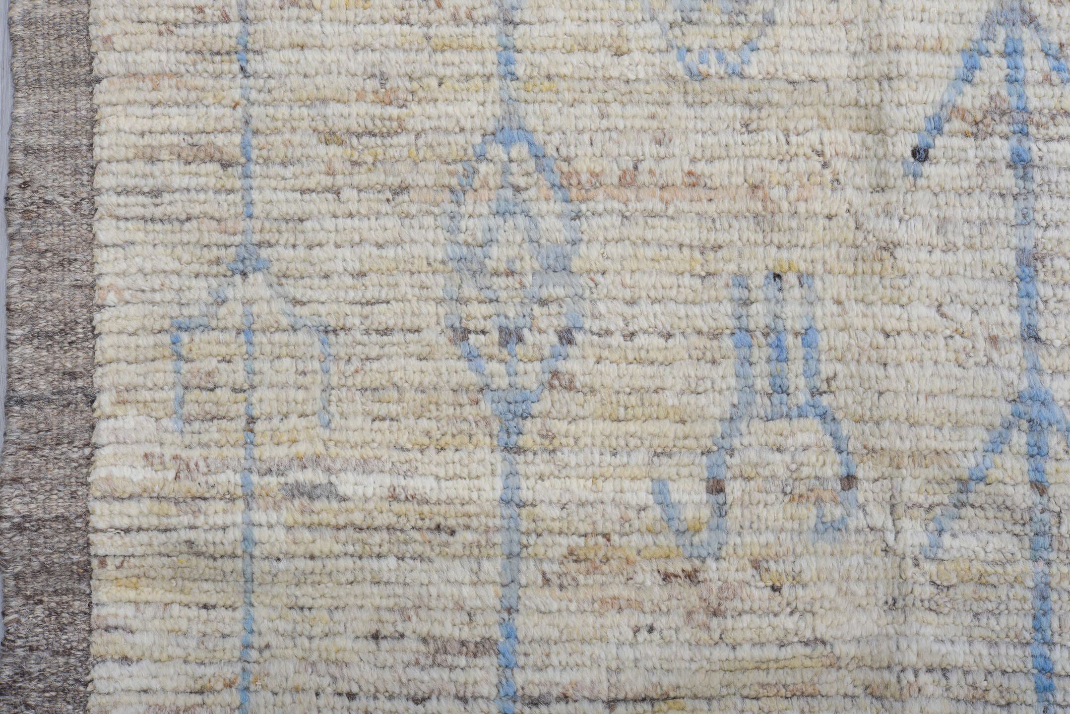 9' x 12' one-of-a-kind handmade vintage Tulu large size rug. Color palette: ivory, sky blue, taupe, cream, pale gray